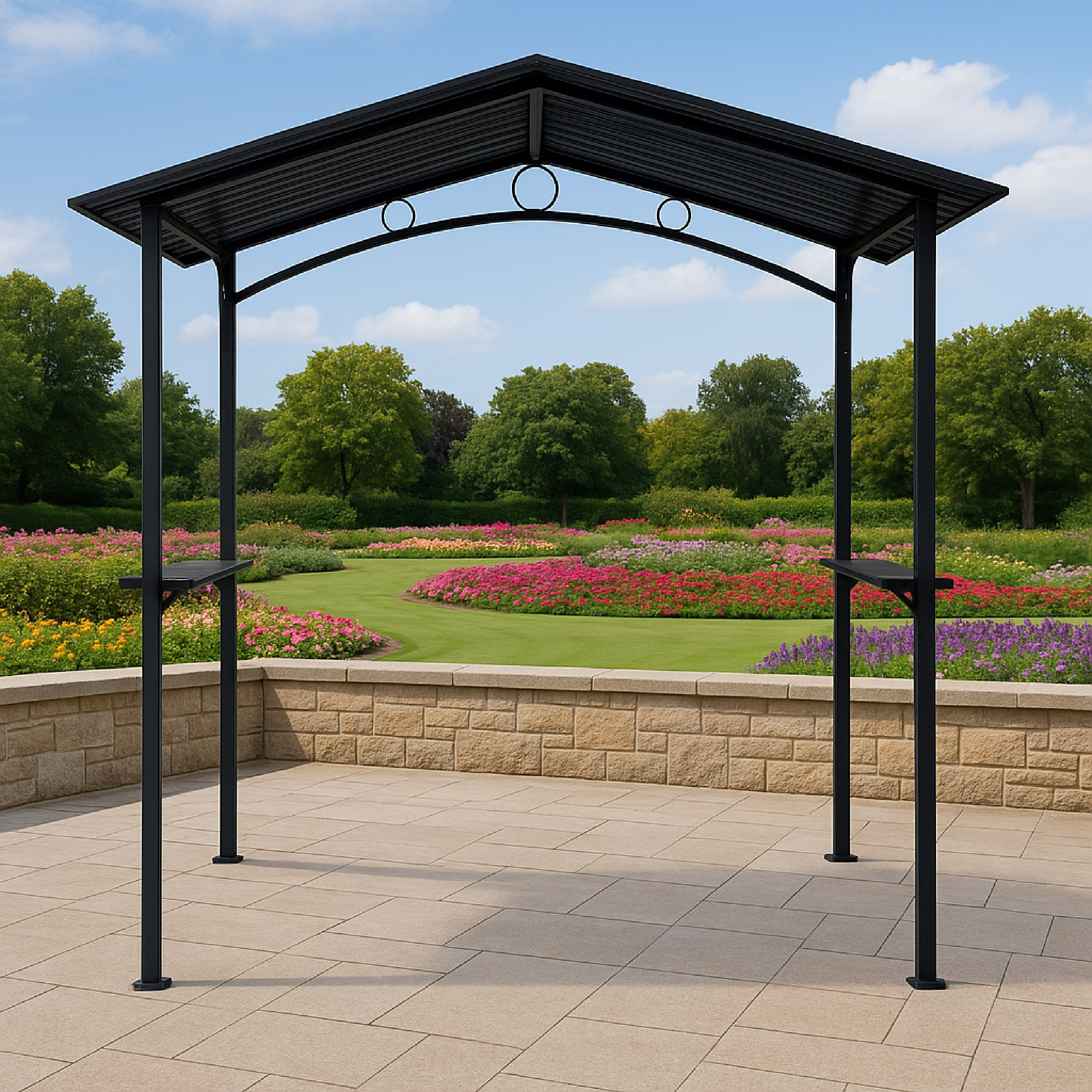 Schwarzer Pavillon vor einem blühenden Garten mit Blumenbeeten und Bäumen.