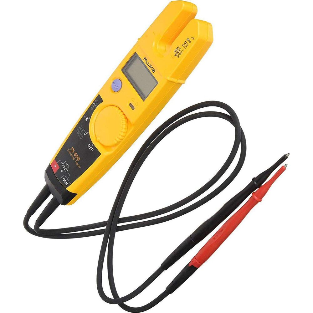 Ein gelber Fluke T5-600 Elektrikertester mit LCD, Drehschalter und Messleitungen.