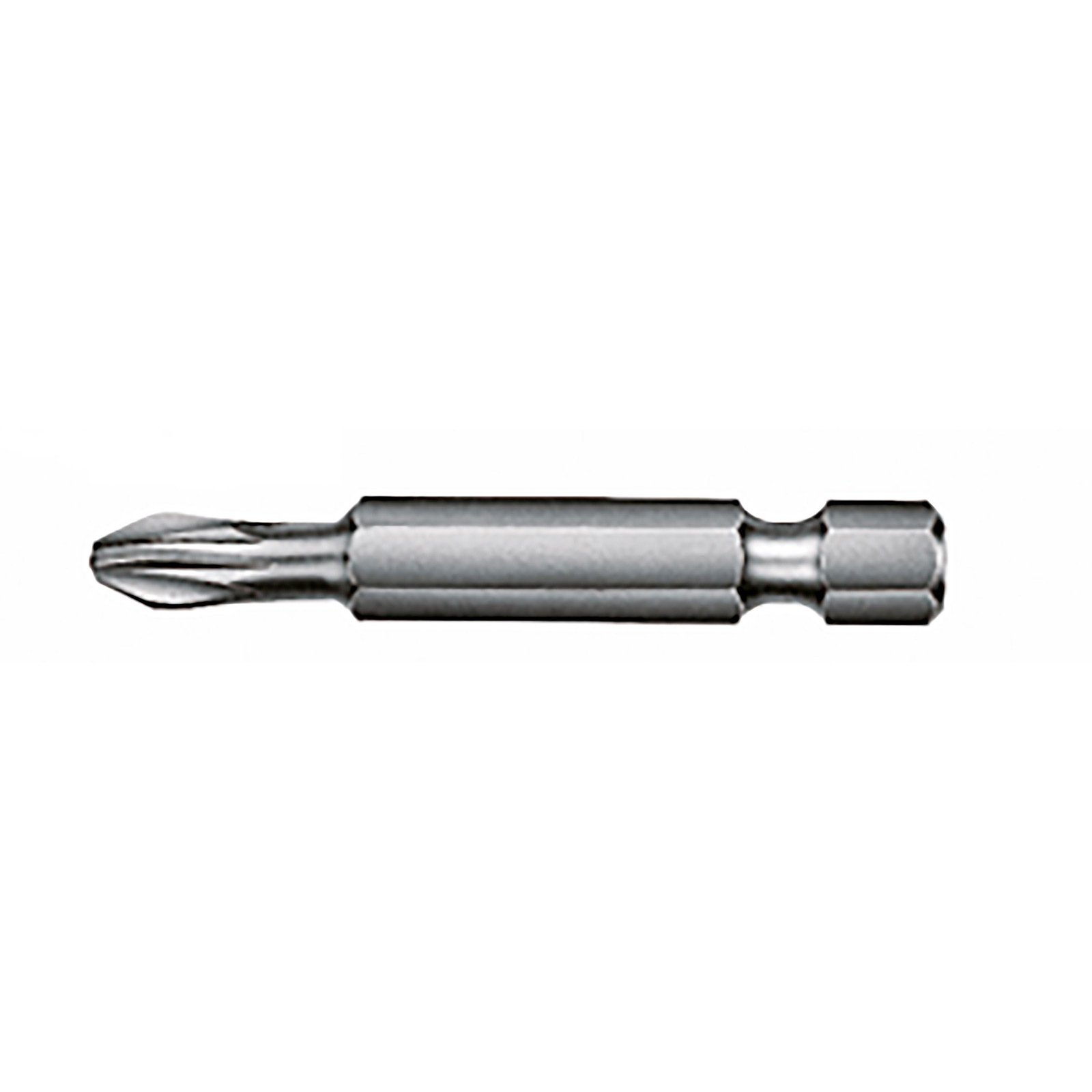 Eine einzelne Kreuzschlitz-Schraubendreherklinge aus Metall, isoliert auf weißem Hintergrund.