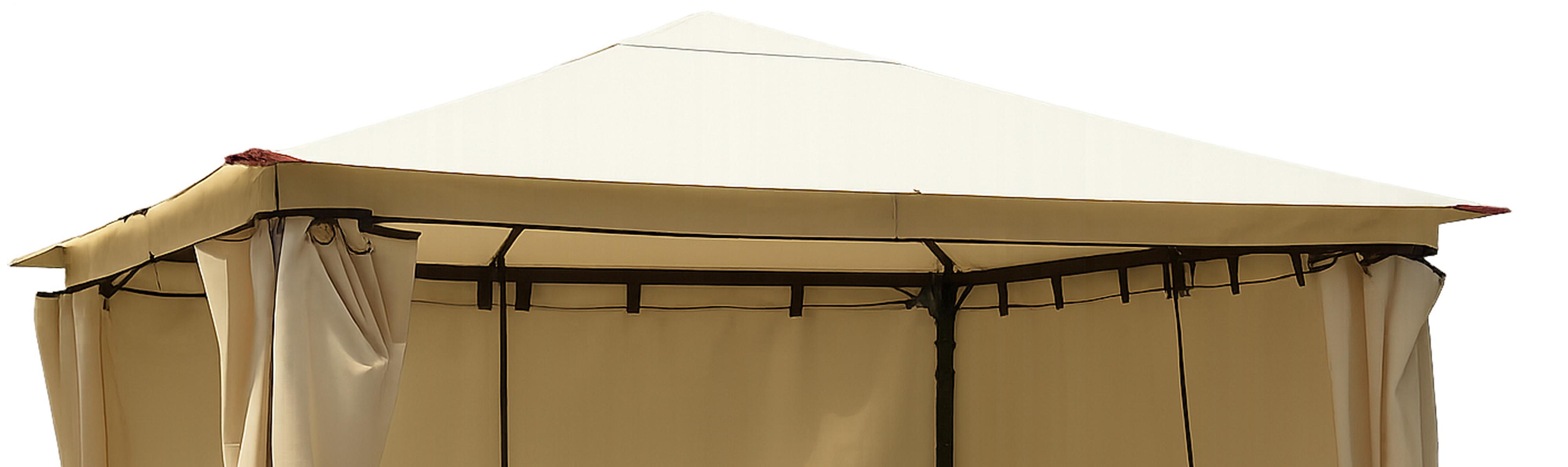 Ein cremefarbener Pavillon mit dunklem Metallrahmen und cremefarbenen Vorhängen.
