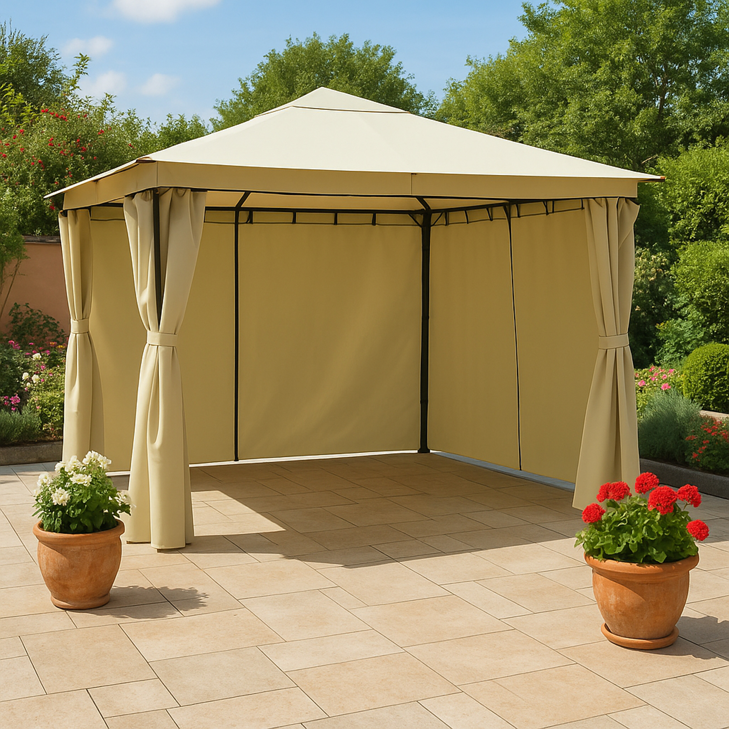 Ein beigefarbener Pavillon mit Vorhängen auf einer gefliesten Terrasse mit Blumenkübeln.
