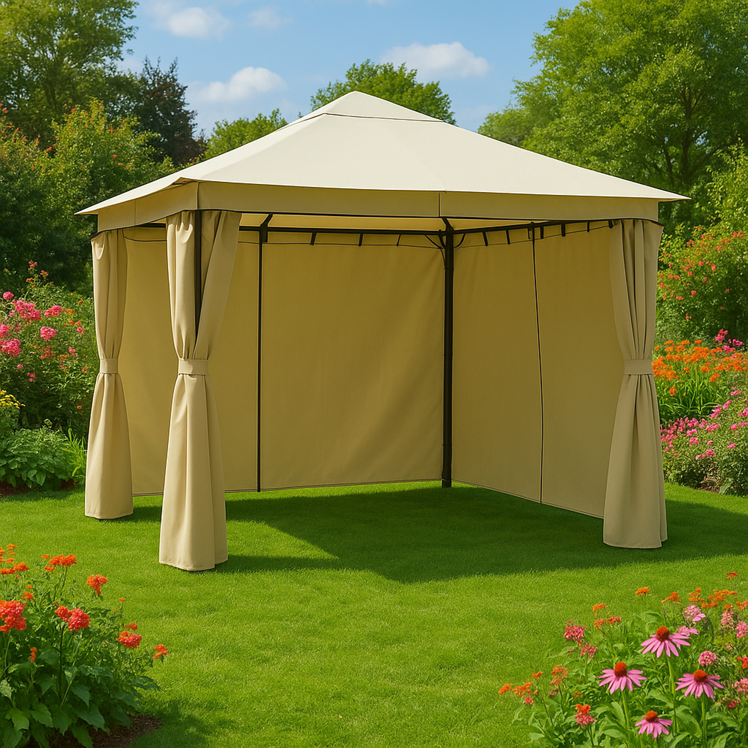 Ein beiger Pavillon steht auf einem grünen Rasen, umgeben von bunten Blumen.