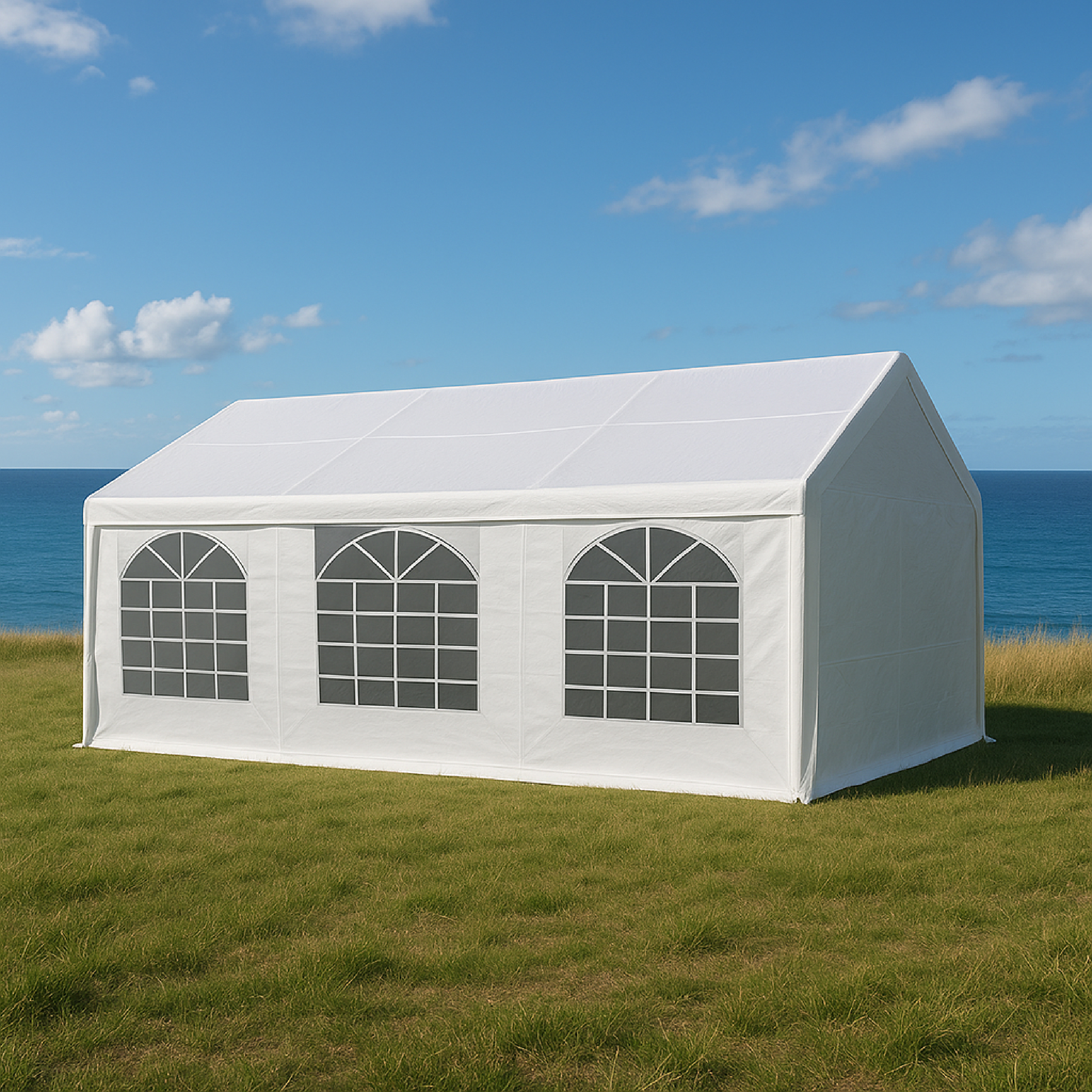 Ein weißes Zelt mit Bogenfenstern steht auf grünem Gras am Meer.