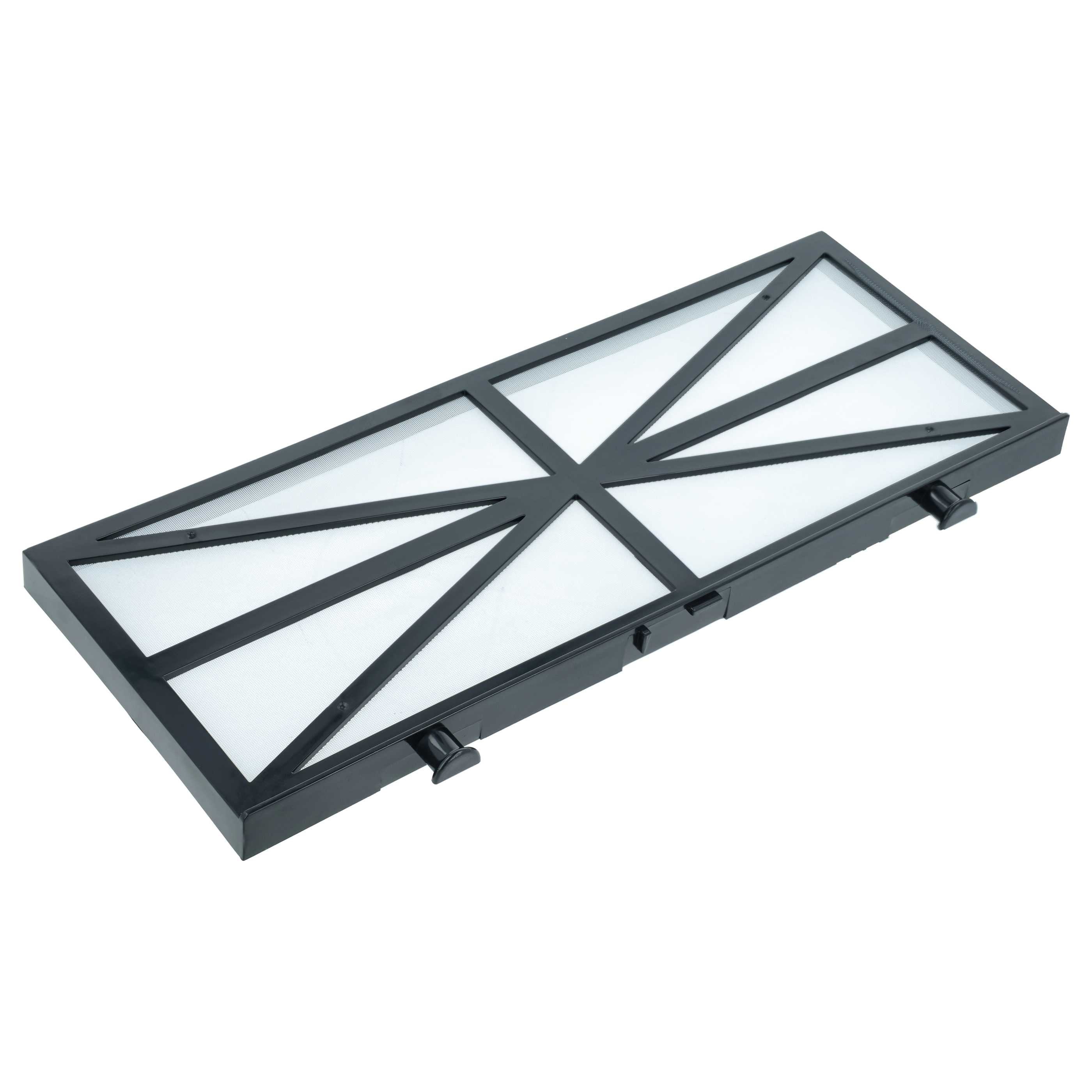 Ein schwarzer rechteckiger Filter mit einem geometrischen Muster aus weißen Streifen.