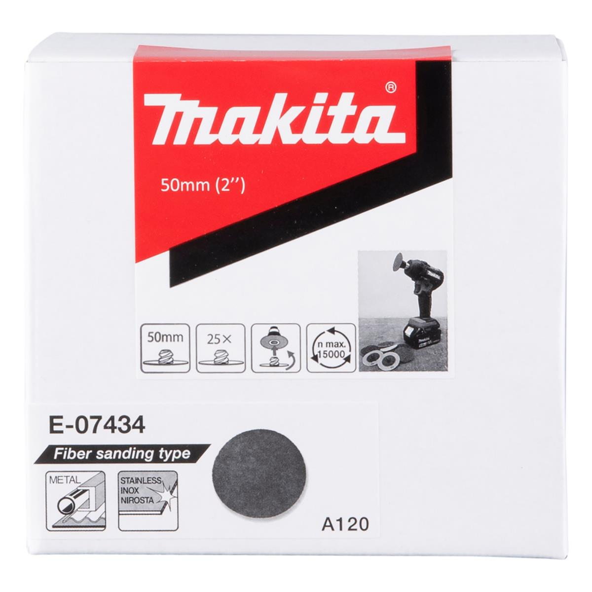 Makita Schleifscheiben-Verpackung mit Details zu Größe, Menge und Drehzahl.