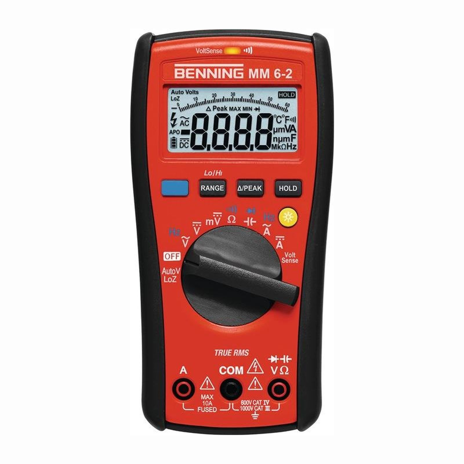 Ein rotes und schwarzes Multimeter von Benning MM 6-2 mit digitaler Anzeige.