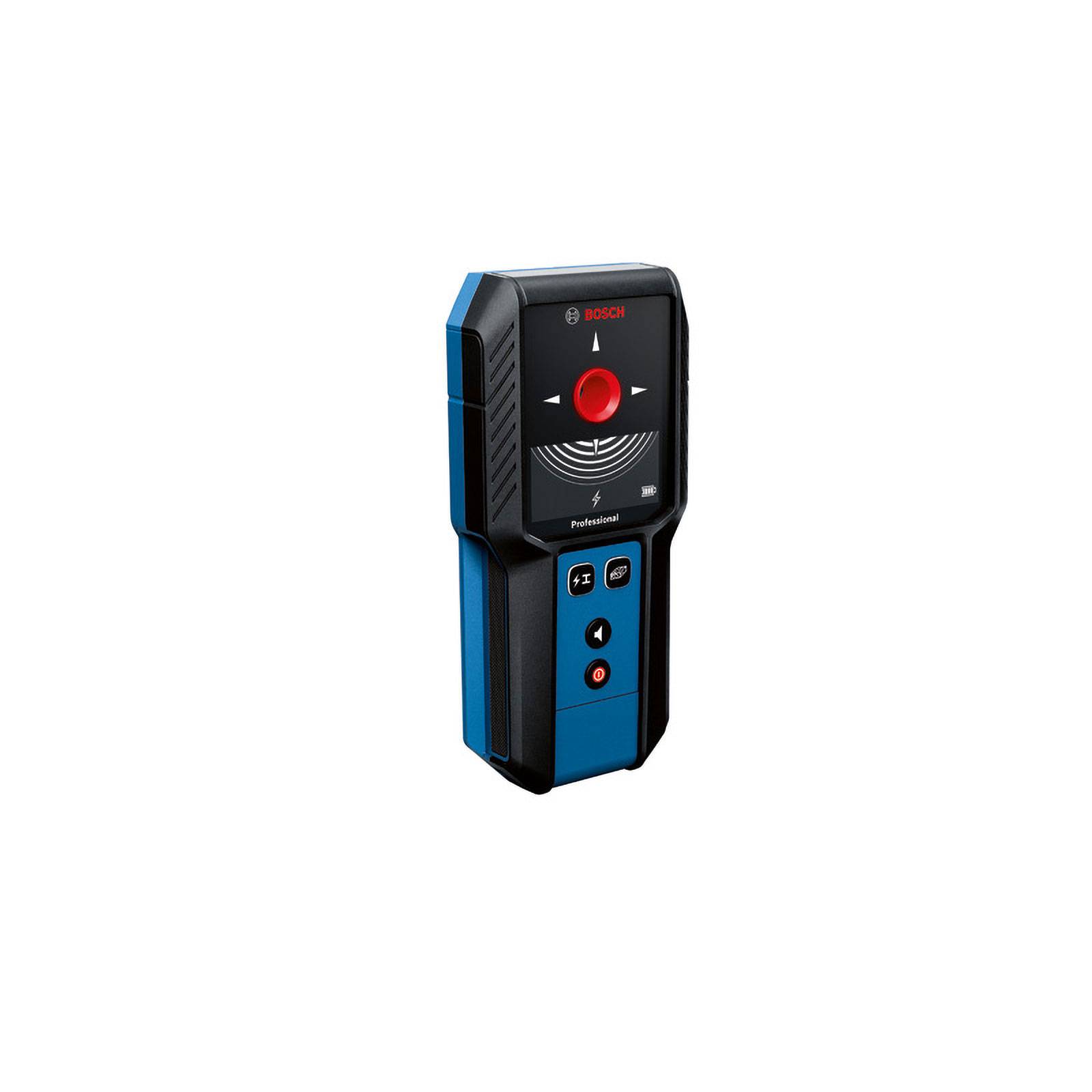 Ein schwarz-blauer Bosch elektronischer Ständerfinder mit rotem Knopf und Bildschirm.