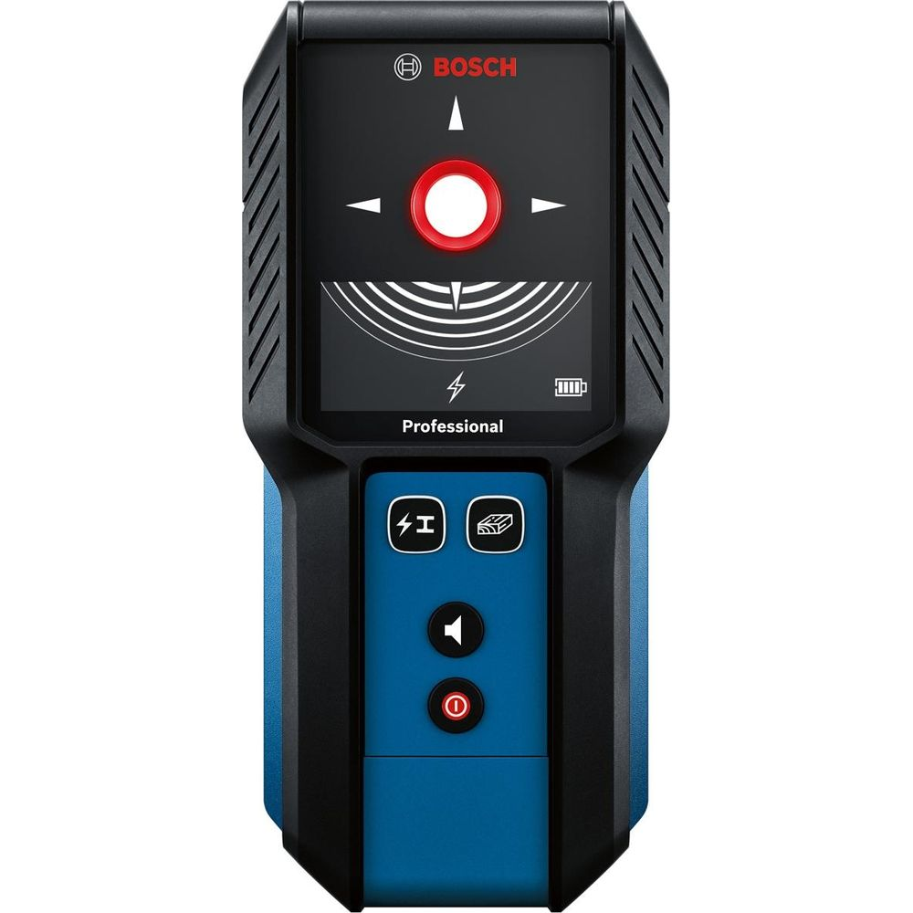 Bosch Professional Detektor mit rotem Punkt, Pfeilen und Ladeanzeige.