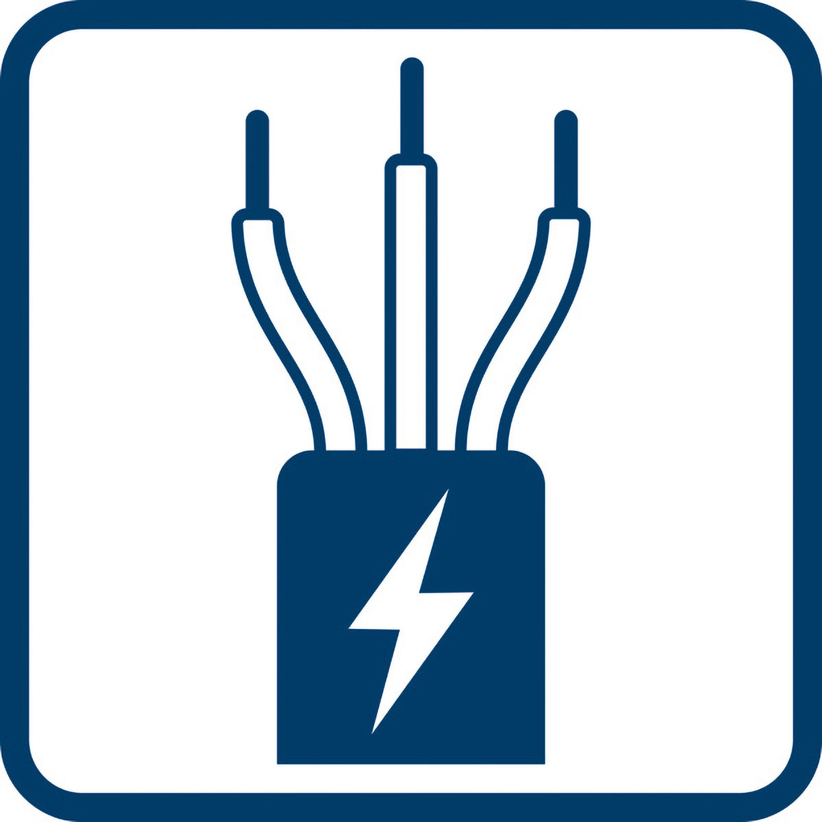 Symbol für Elektrizität: drei Drähte kommen aus einem Kasten mit Blitz.