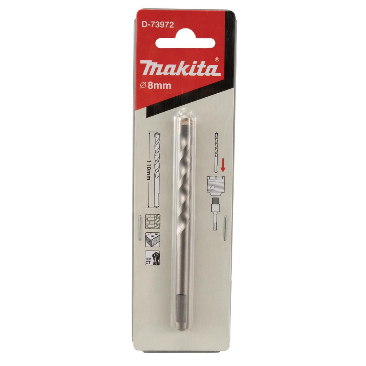 Makita 8mm Bohrer in Verpackung. Zeigt Bohrer, Maße und Anwendungssymbole.