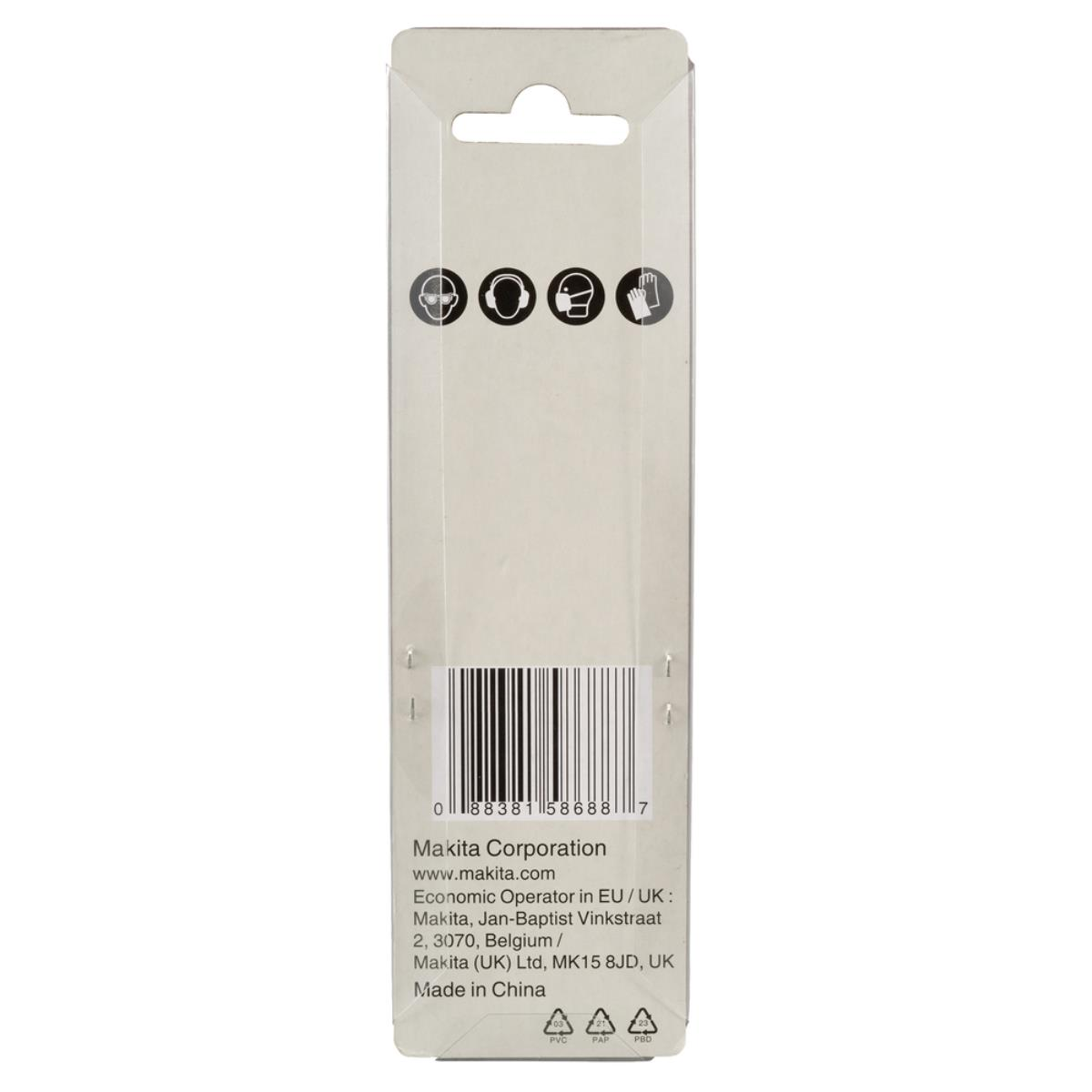 Verpackung mit Makita-Logo, Barcode und Sicherheitssymbolen (Augen-, Gehör-, Kopf-, Handschutz).