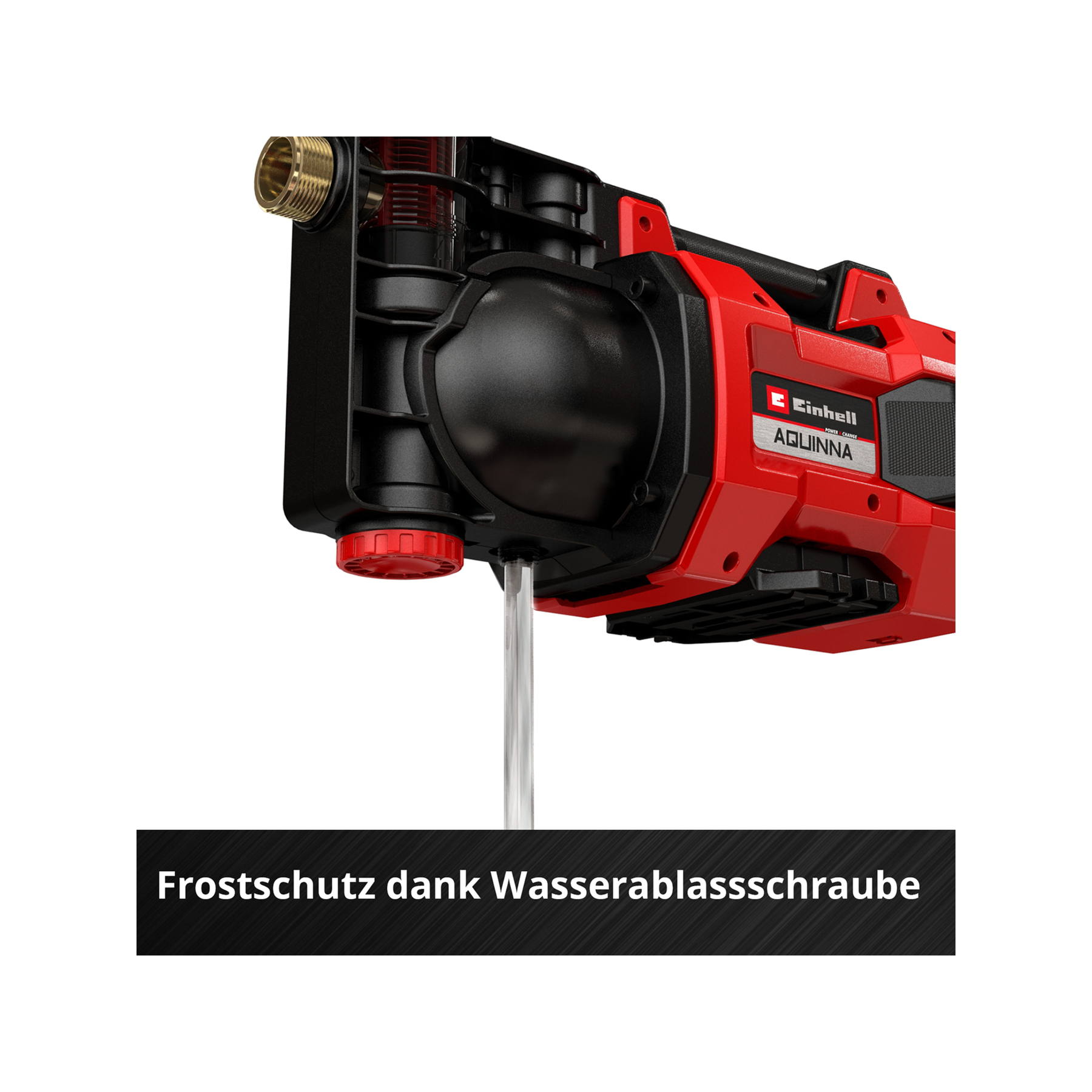 Rote Einhell Pumpe mit Messinganschluss und Wasserablassschraube.