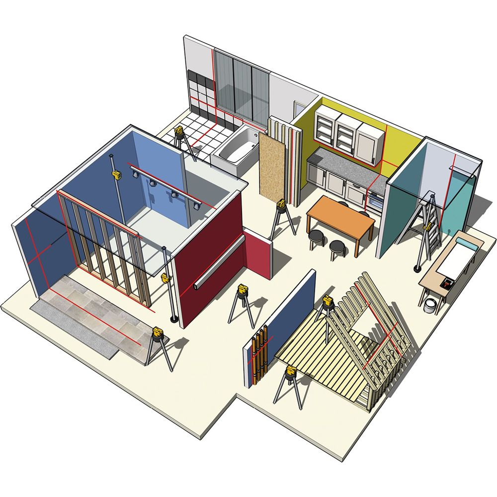 Grundriss eines Hauses im Bau mit Lasern, Leitern und Werkzeugen.