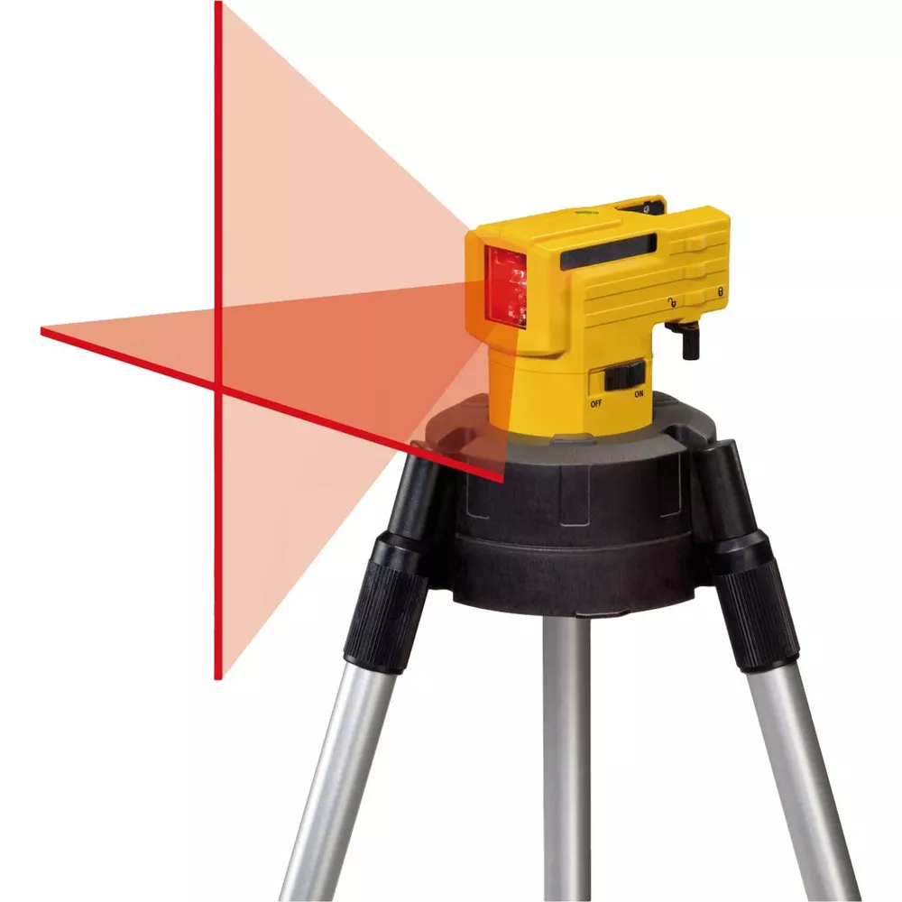 Gelber Laser-Wasserwaage auf Stativ projiziert rote Kreuzlinien und Linien auf weißem Grund.