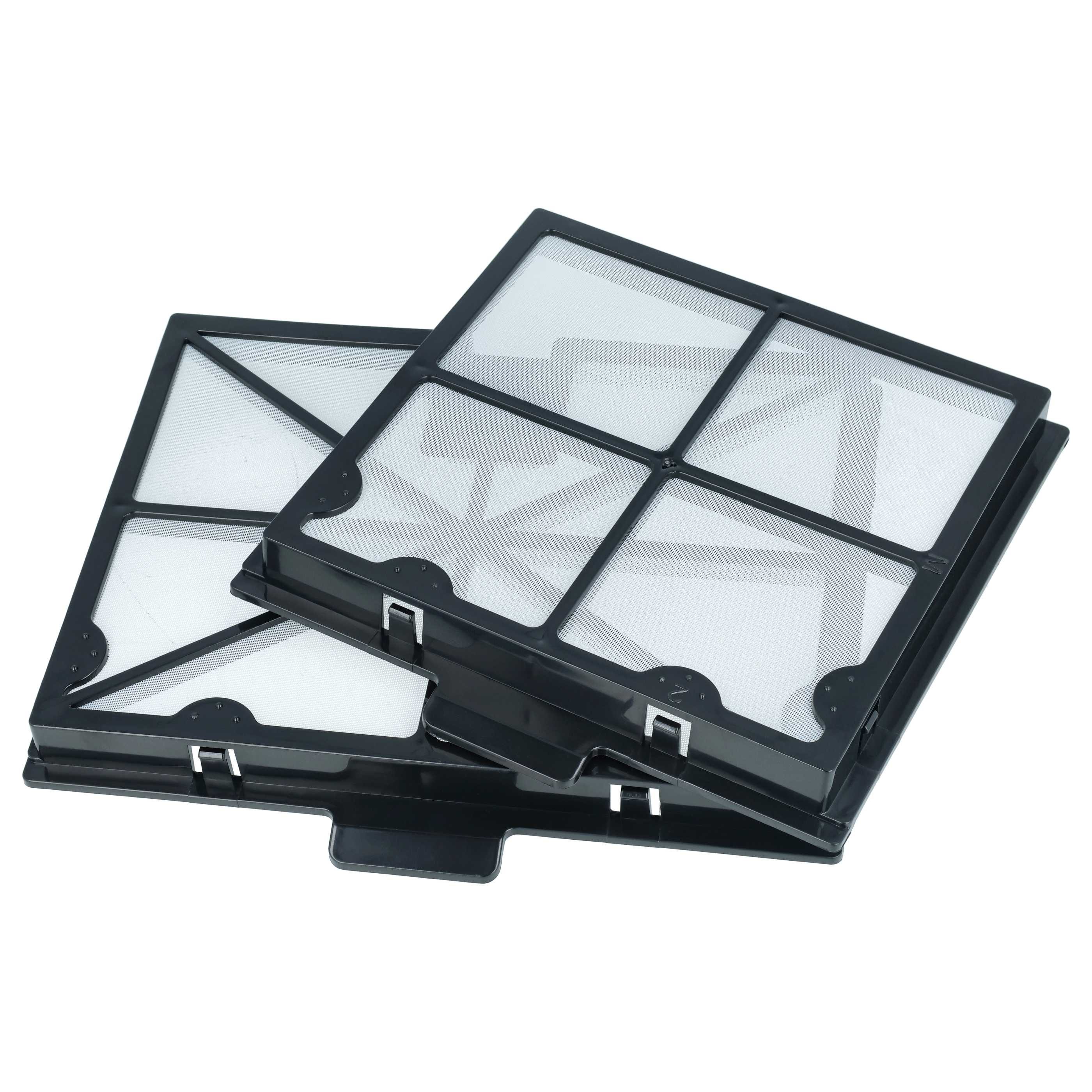 Zwei schwarze rechteckige Filter mit feinem Gitter und schwarzen Rahmen.