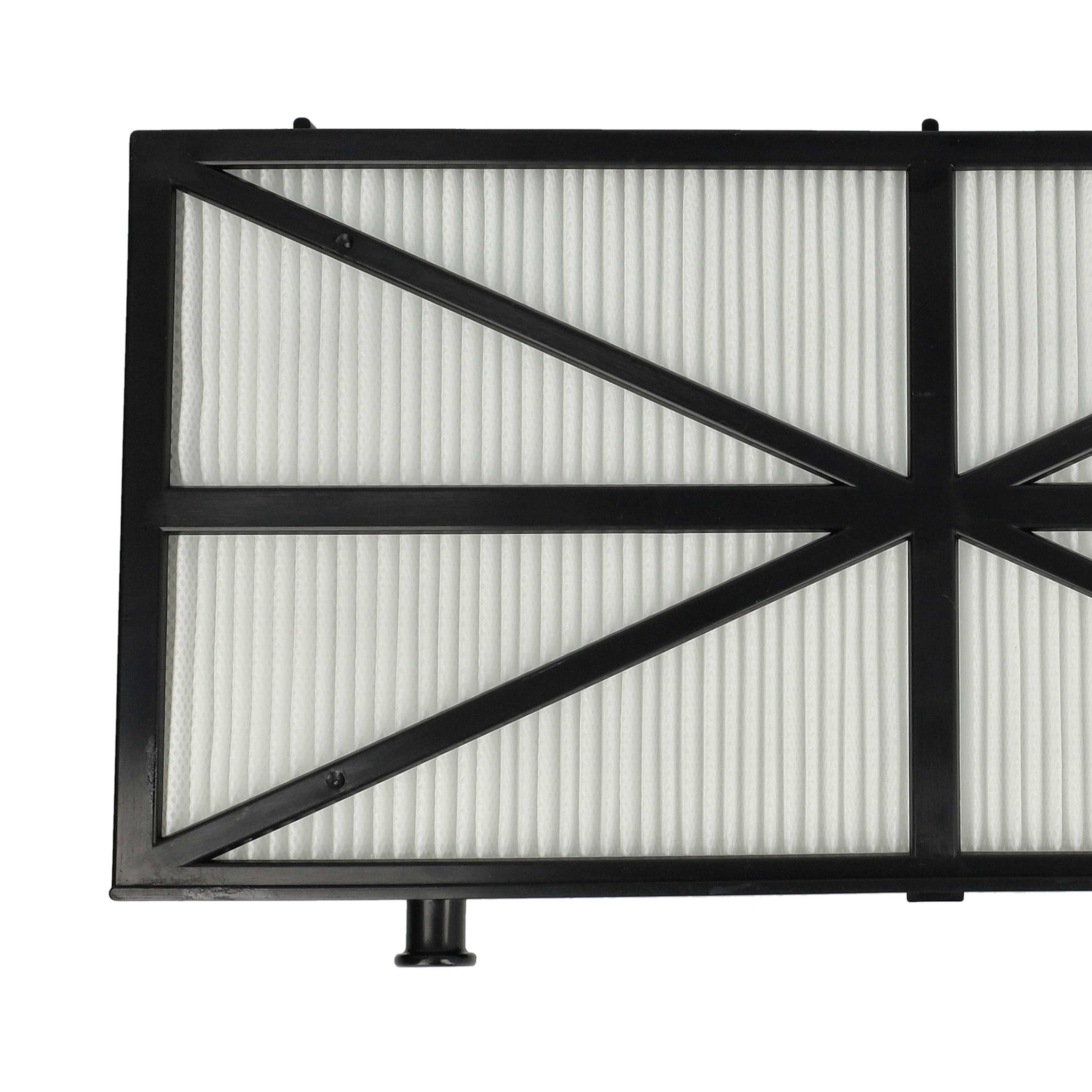 Ein weißer, gefalteter Filter hinter einem schwarzen Gitter auf weißem Grund.