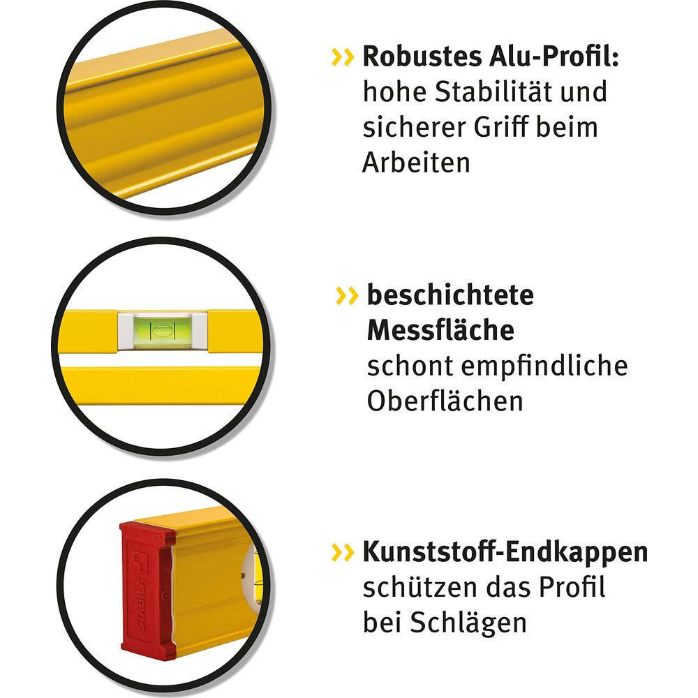 Gelbes Alu-Wasserwaagen-Profil mit Details: Messfläche und Endkappen.