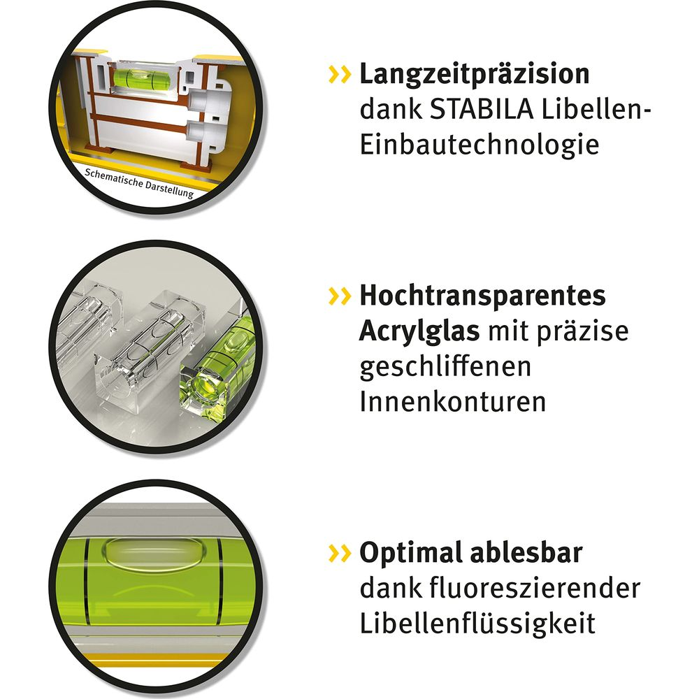 Diagramm zeigt Wasserwaage: Präzision, Acrylglas, Lesbarkeit.