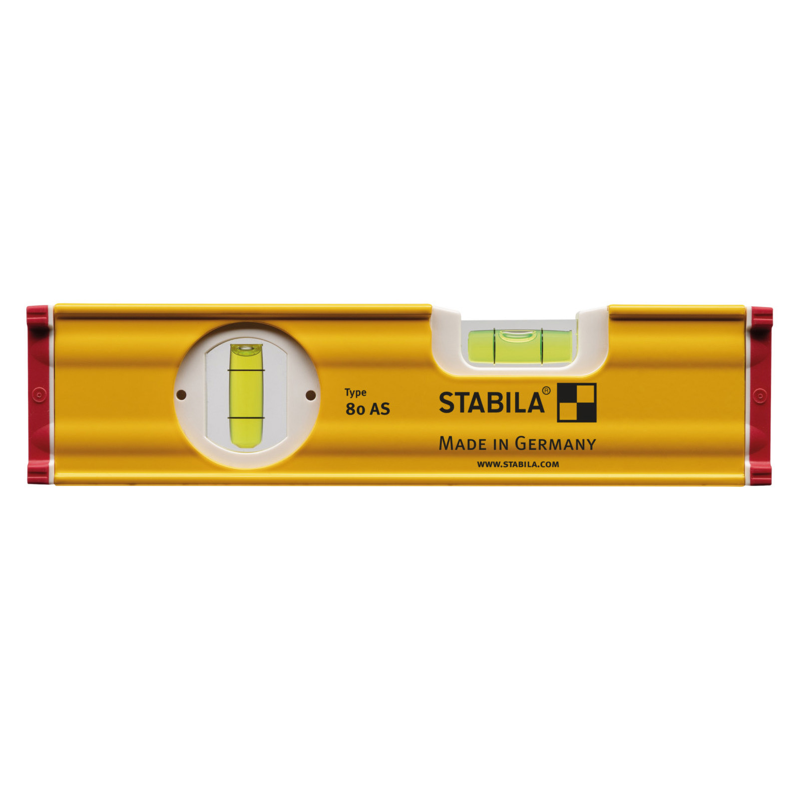 Gelber Stabila Wasserwaage mit zwei Libellen und roter Endkappe.