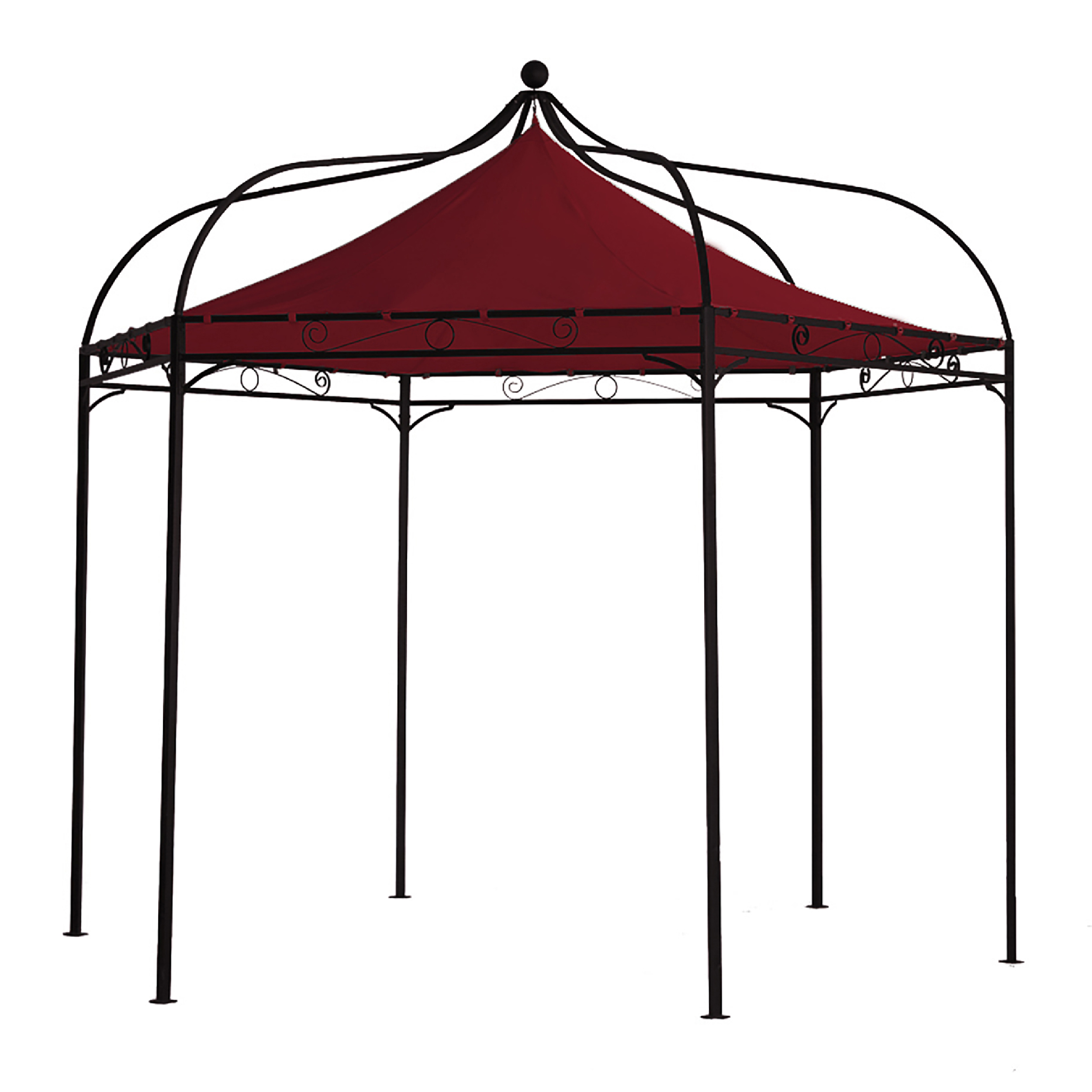 Ein dunkler Metallpavillon mit einem roten Dach und verzierten Streben.
