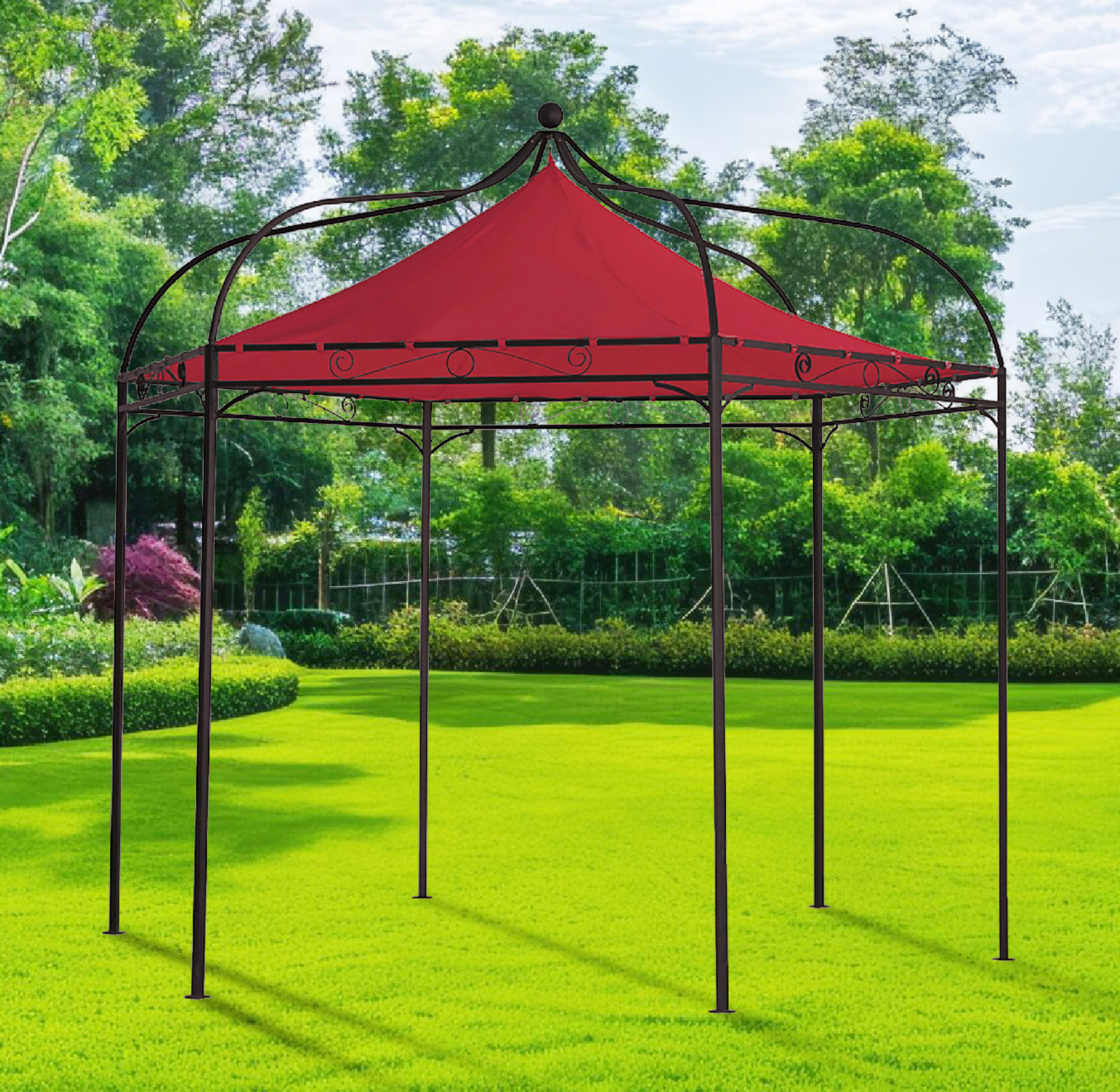 Ein rotes Pavillonzelt mit dunklem Metallrahmen steht auf einem grünen Rasen.