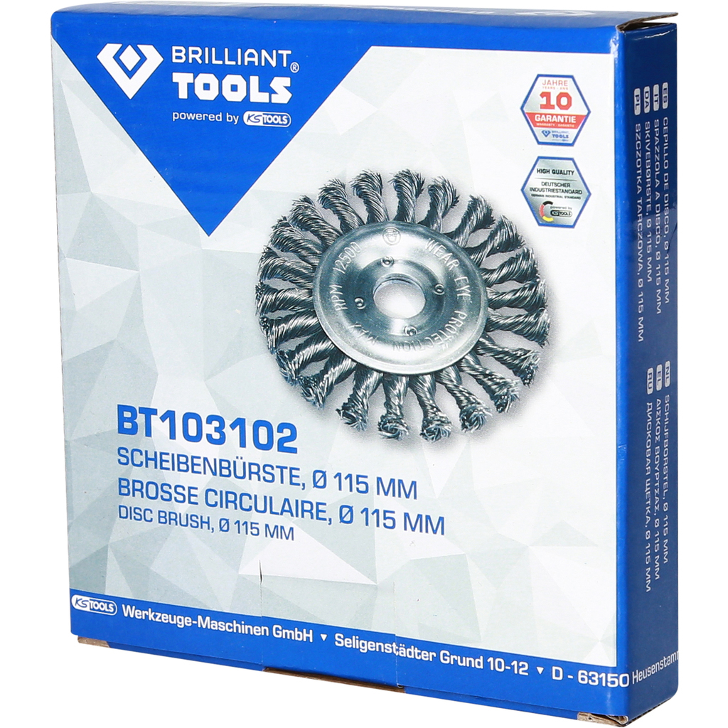 Verpackung einer Drahtbürste mit 115 mm Durchmesser, Marke Brilliant Tools.