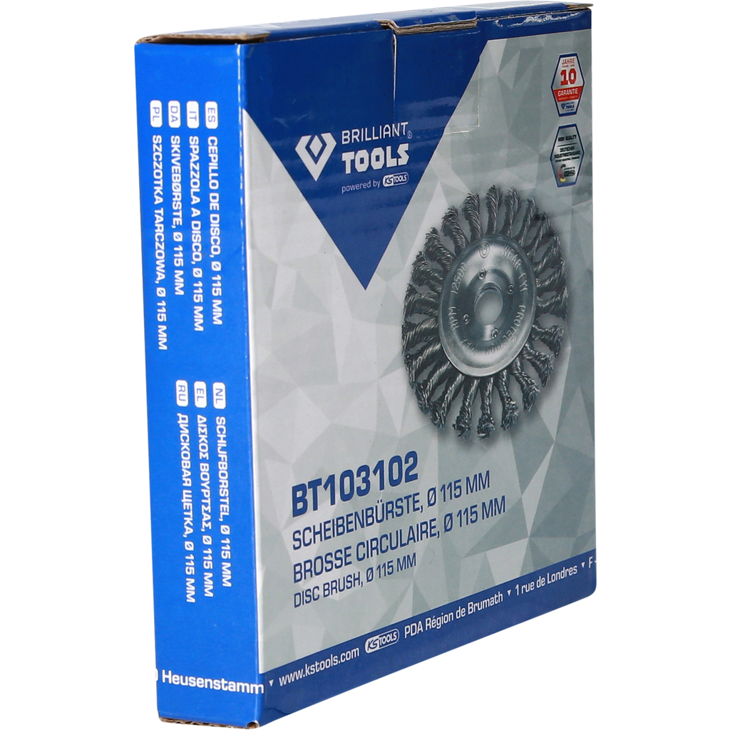 Verpackung einer Drahtbürste mit der Modellnummer BT103102.