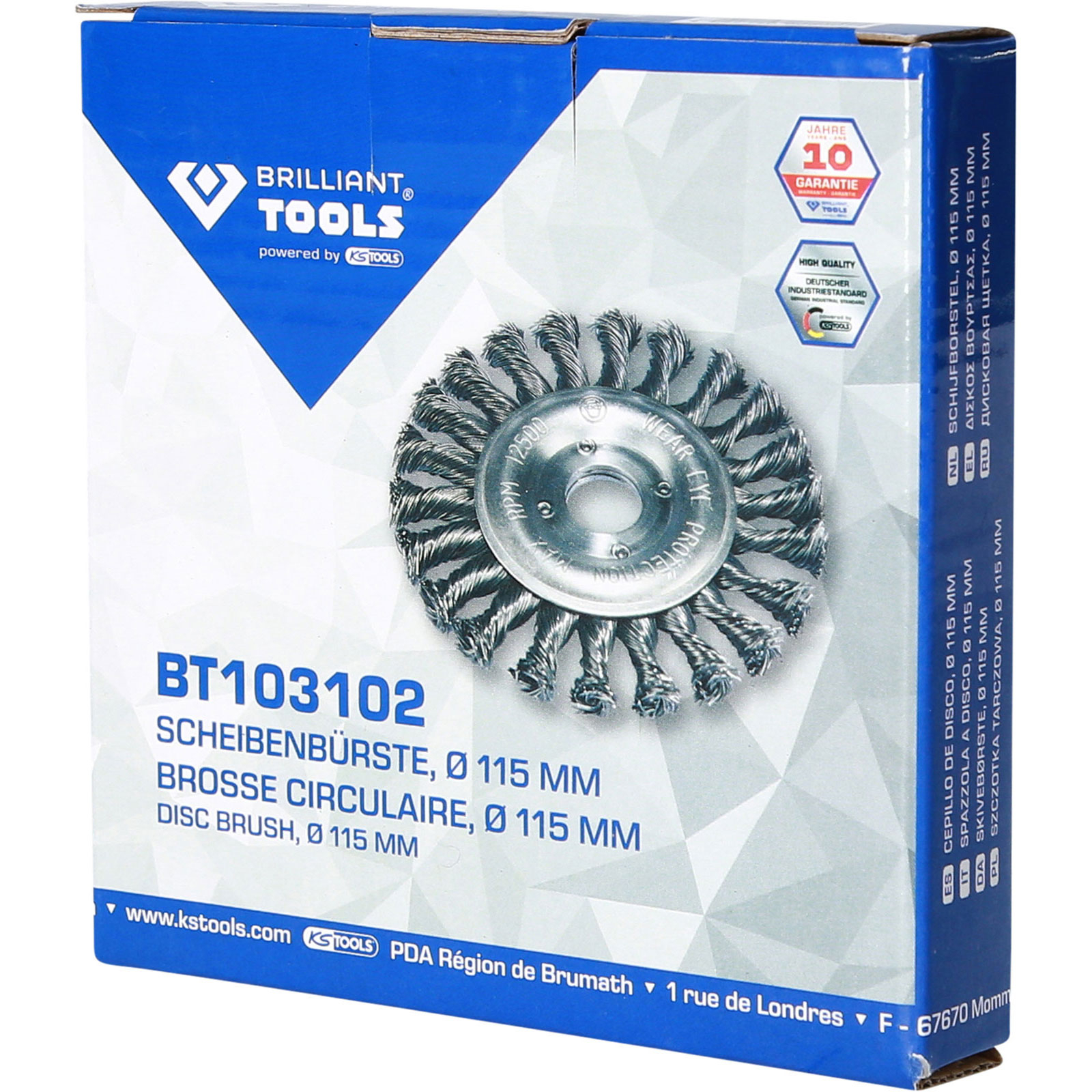 Verpackung einer Drahtbürste für Winkelschleifer, 115 mm Durchmesser.