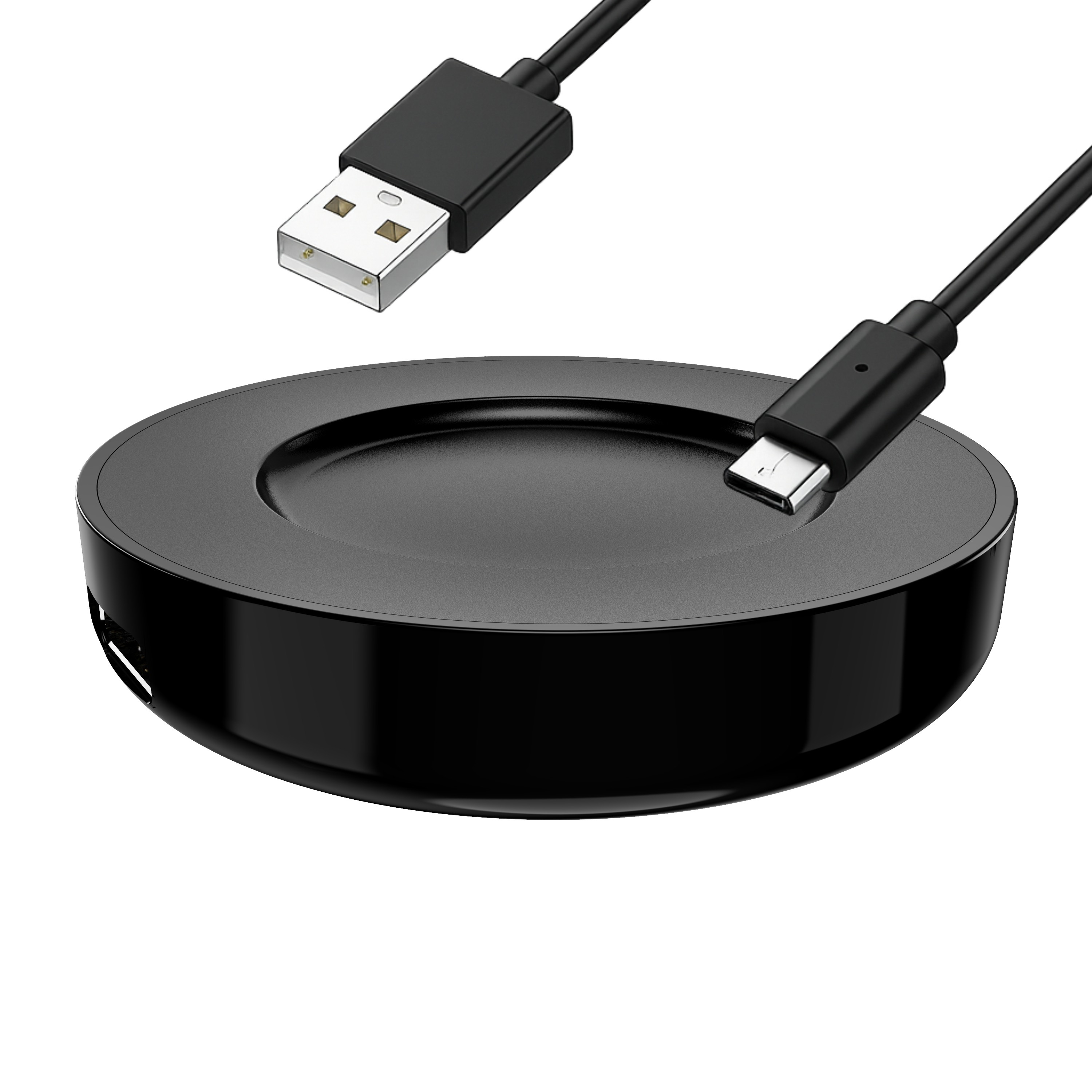 Schwarzer Ladeadapter und USB-C-Kabel auf weißem Hintergrund.