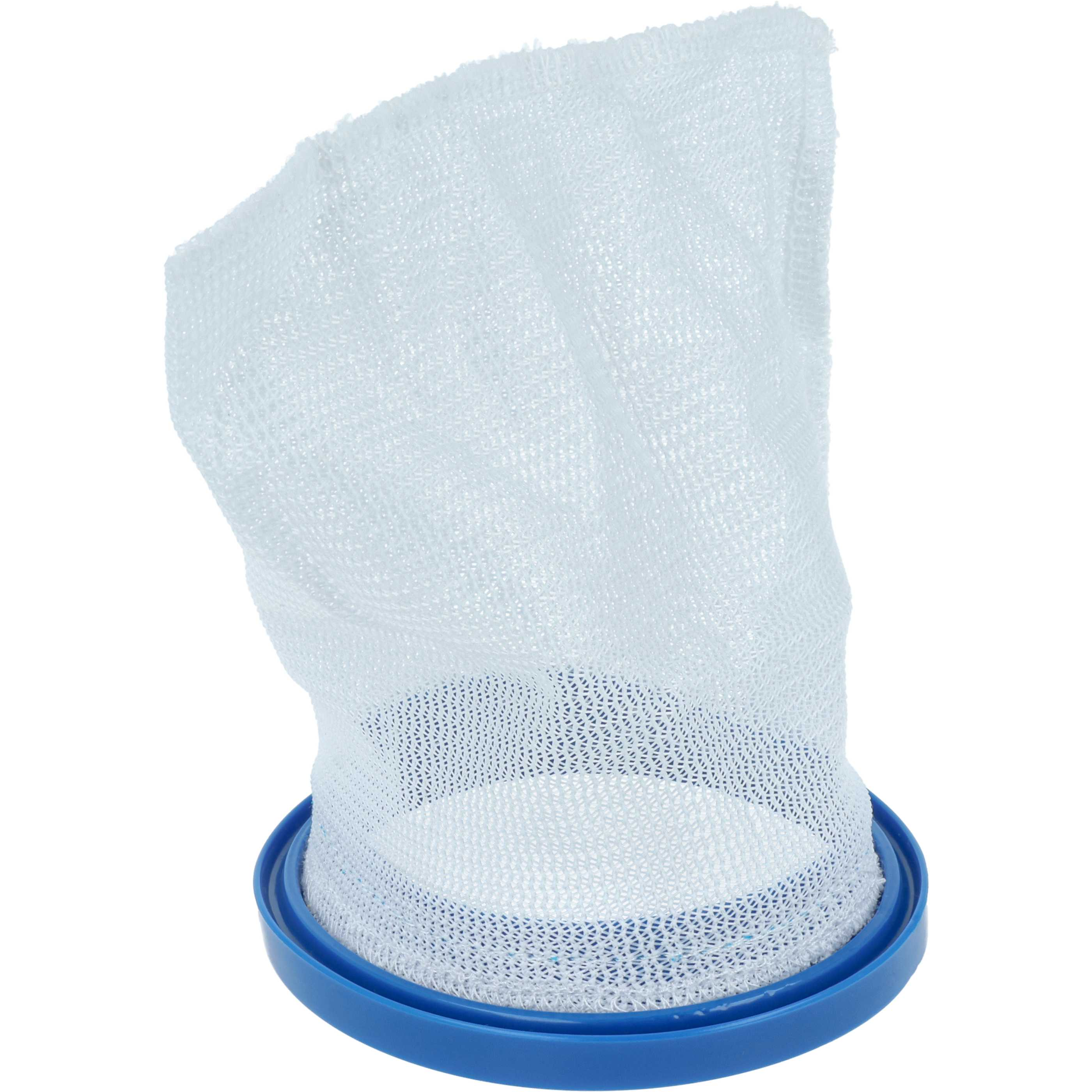 Ein weißer Netzbeutel mit blauem Rand, der aufrecht steht.