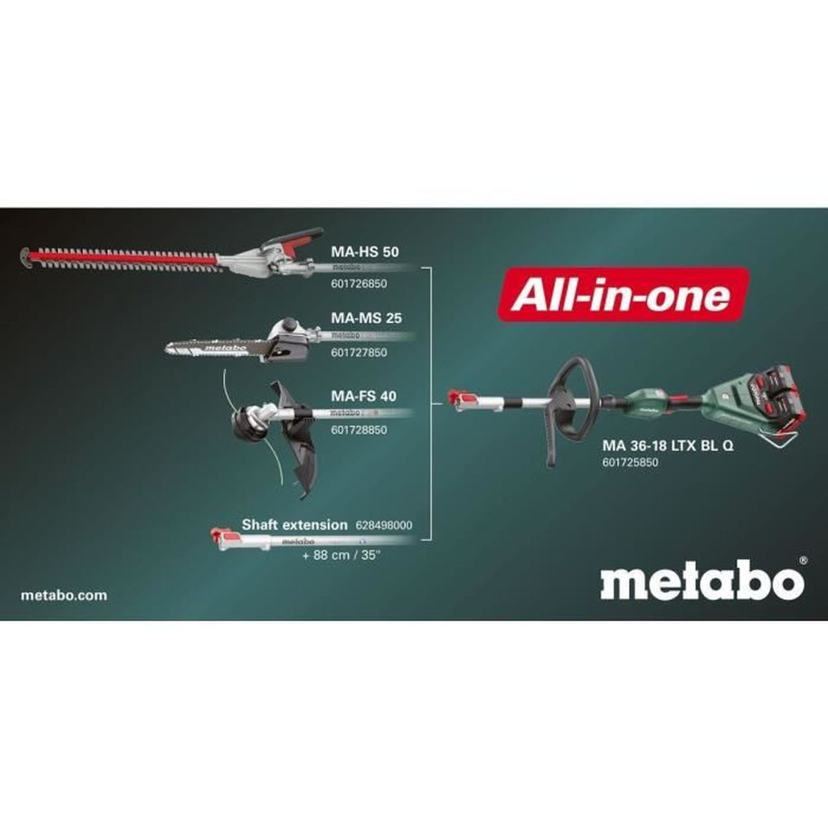 Metabo Elektrowerkzeuge: Heckenschere, Kettensäge, Freischneider und Akku-Gerät.