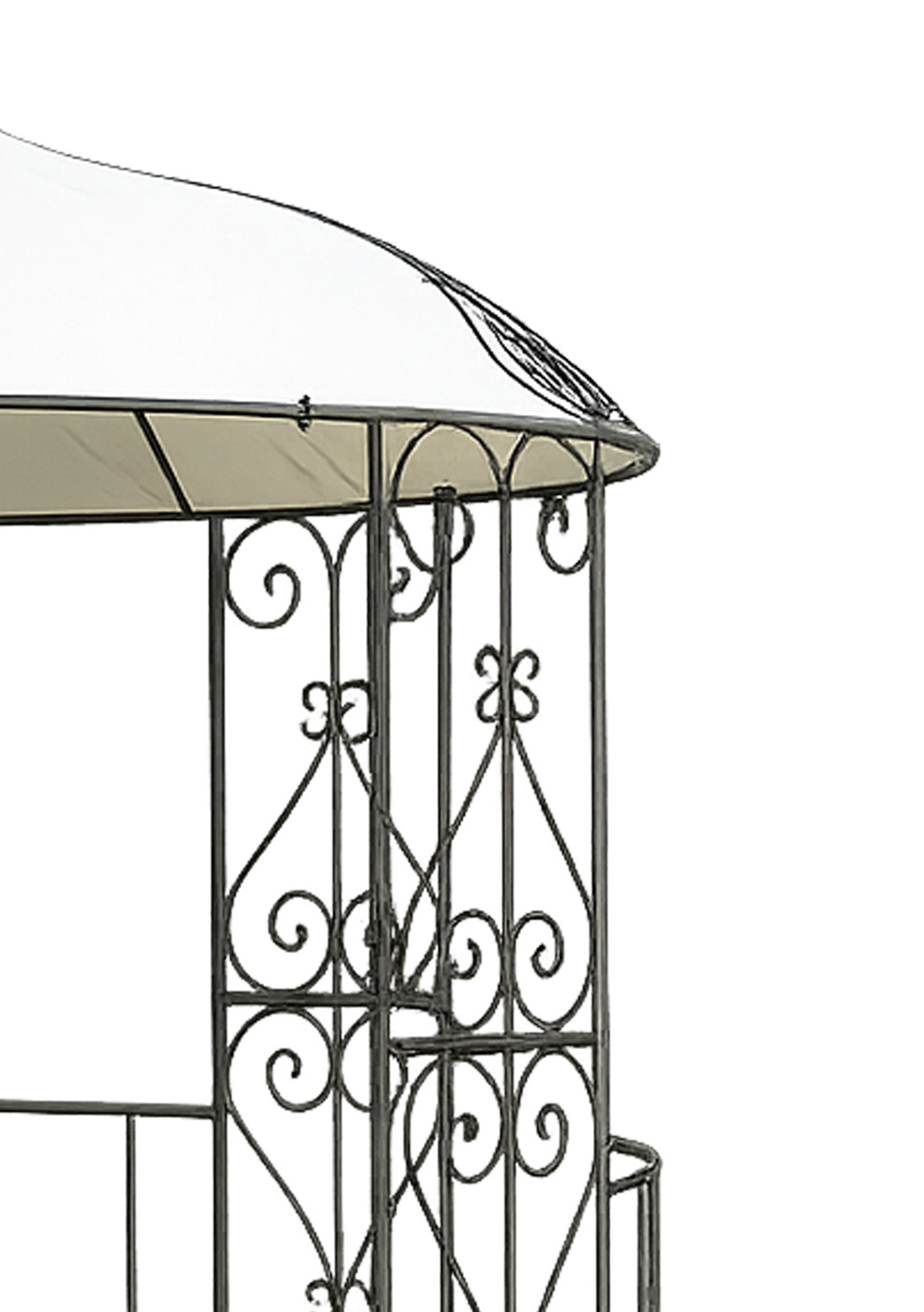 Eine weiße Überdachung mit schwarzem Metallgestell und verzierten Gittern.