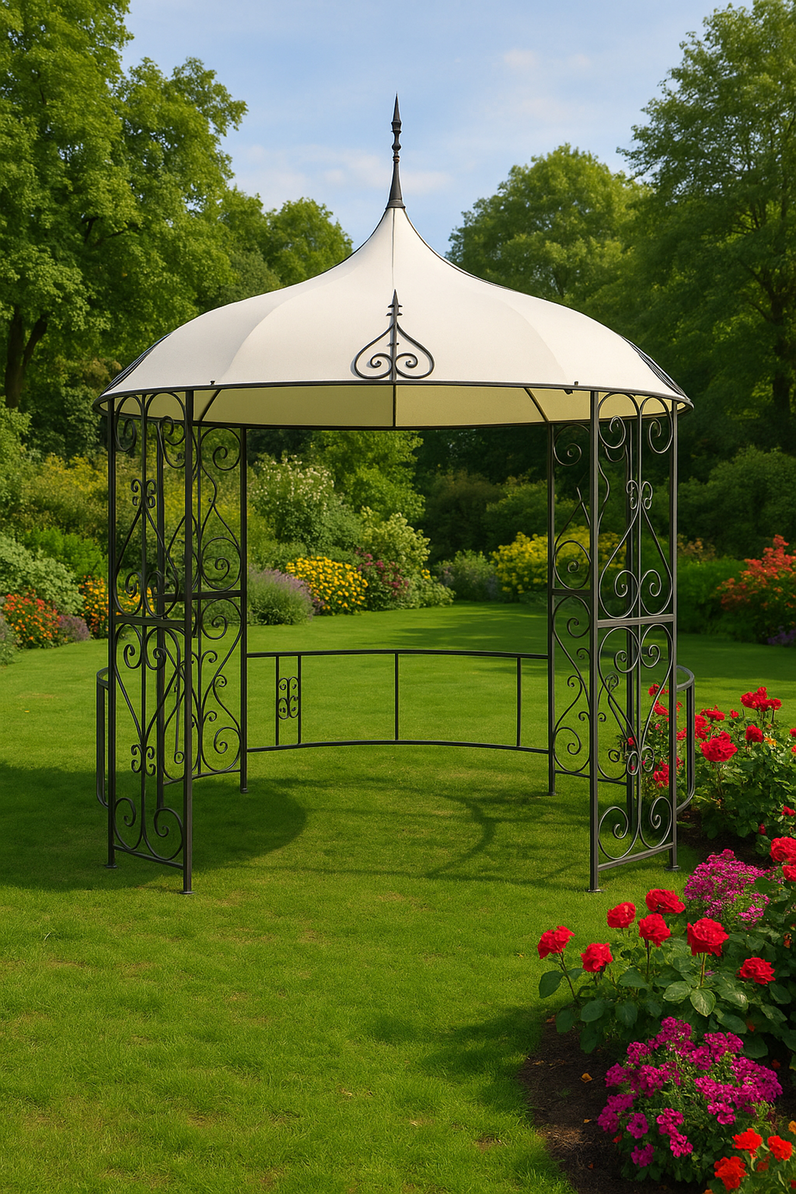 Ein weißer Pavillon mit schwarzem Metallgestell auf einem grünen Rasen.
