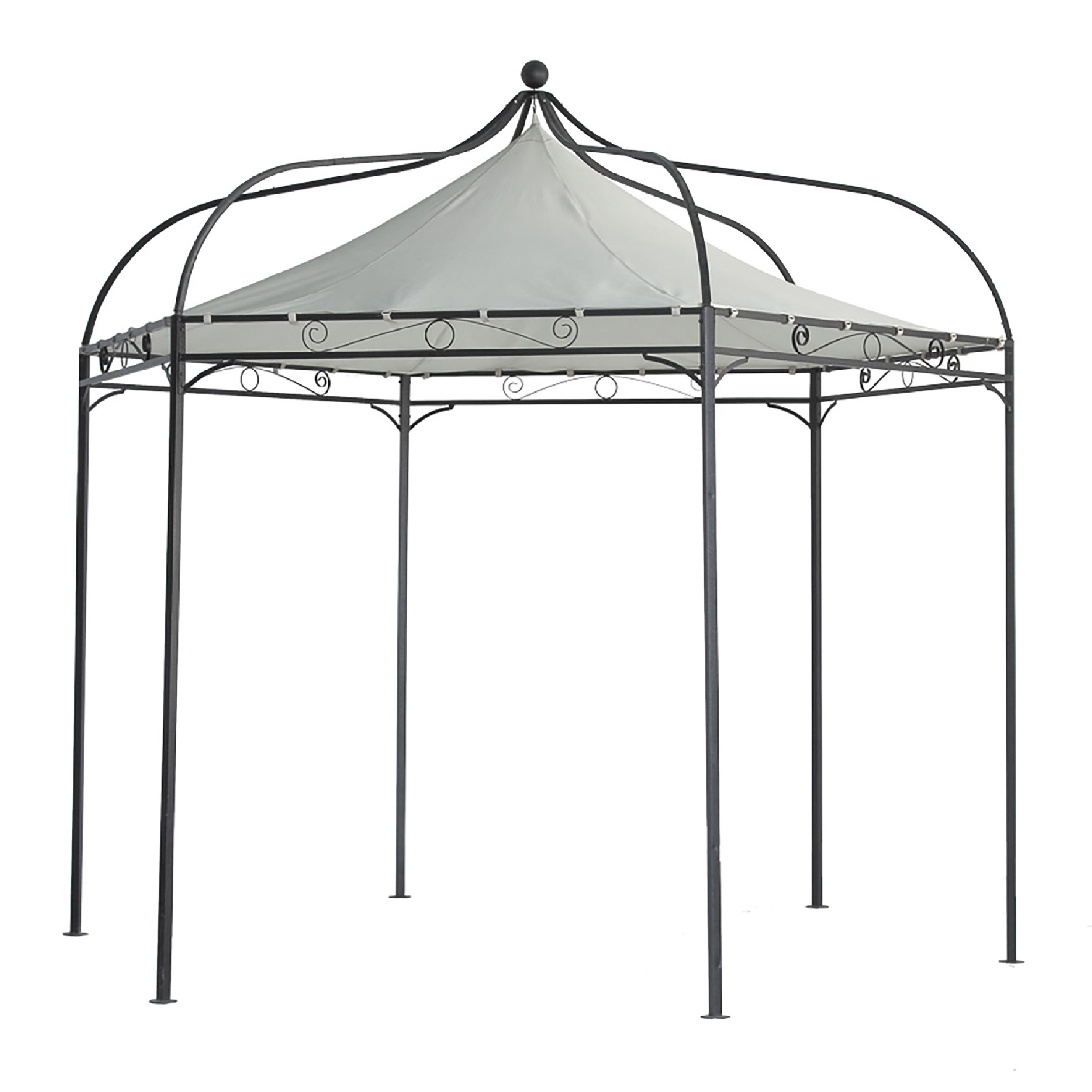 Ein grauer Pavillon mit schwarzem Metallgestell, weißem Dach und verzierten Streben.