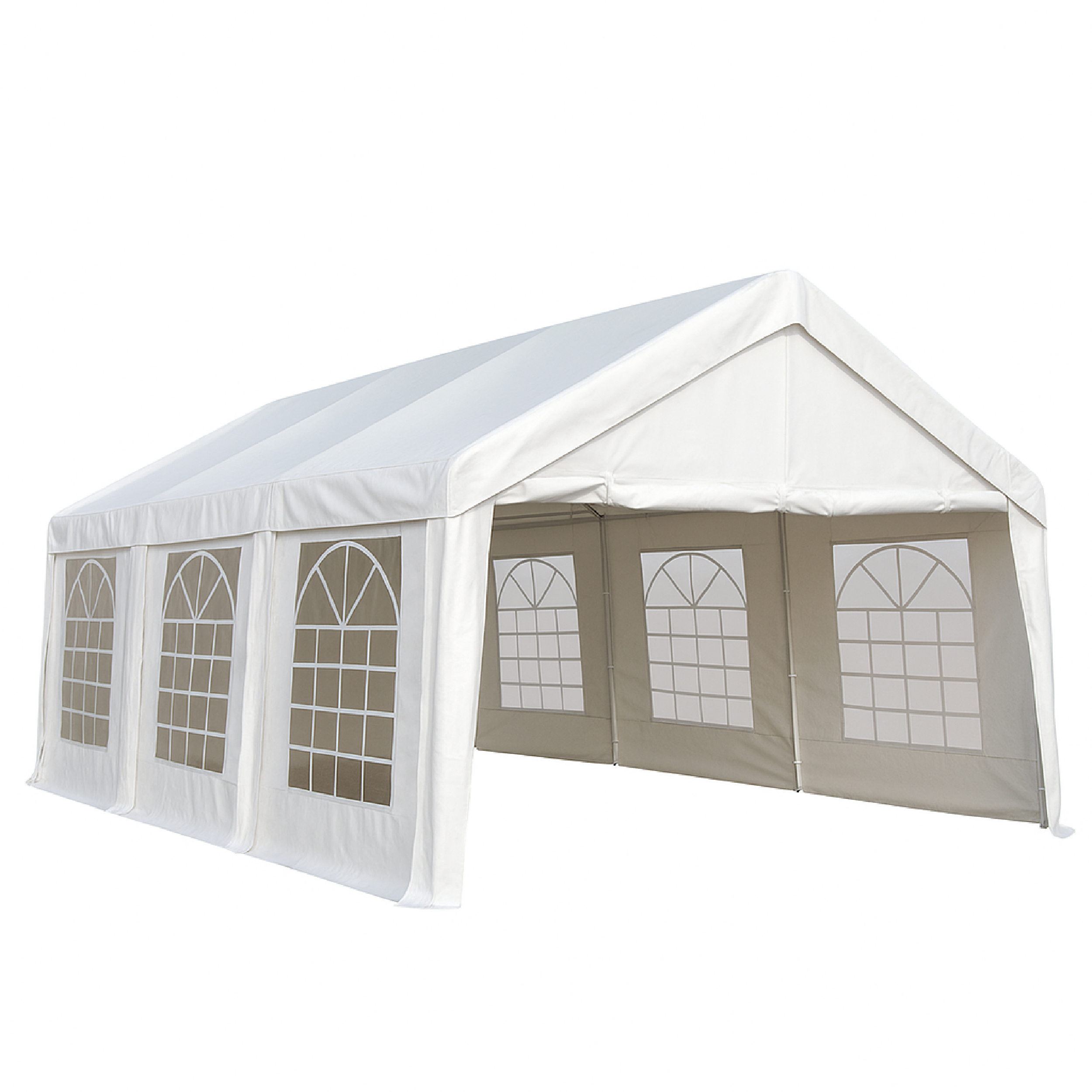 Ein langer, weißer Zeltpavillon mit Fenstern.