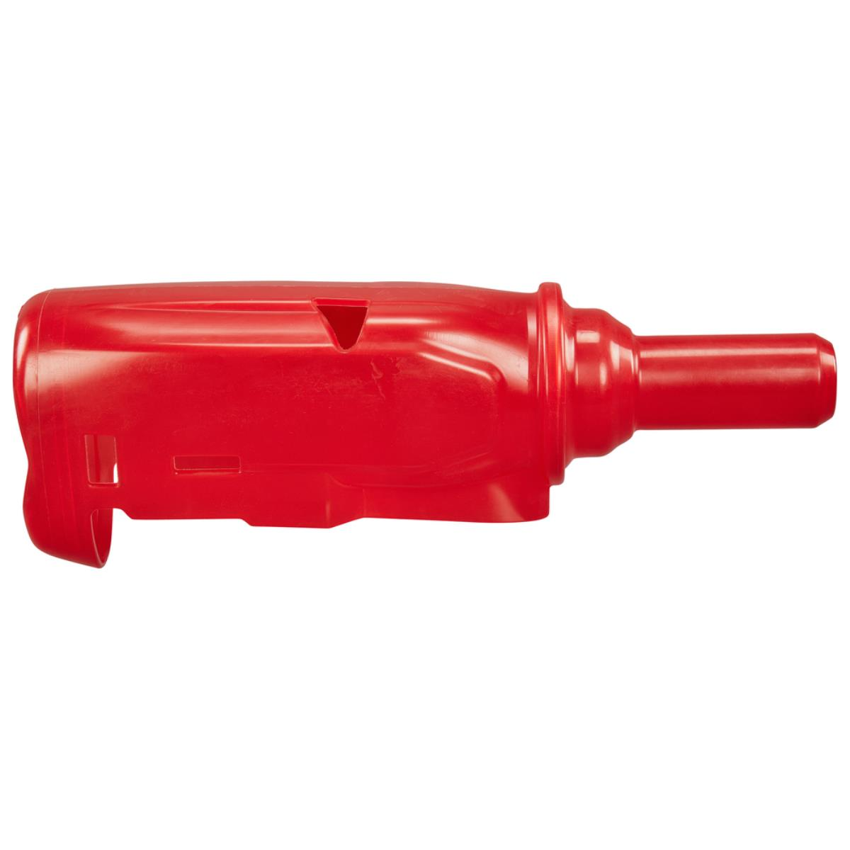 Ein roter Plastikgriff mit Schlitzen und einer Aussparung.
