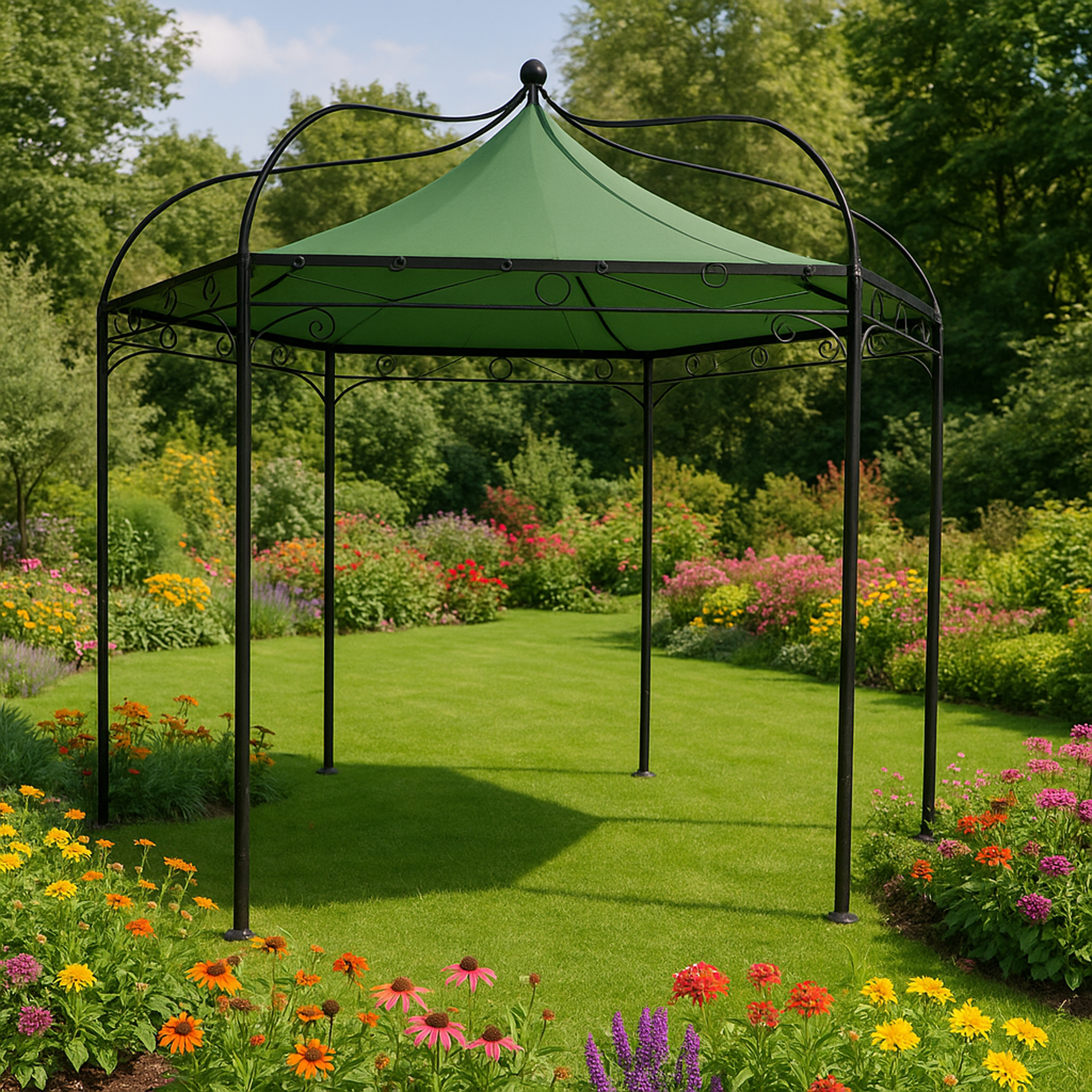 Ein grüner Pavillon steht auf einem gepflegten Rasen, umgeben von bunten Blumen.