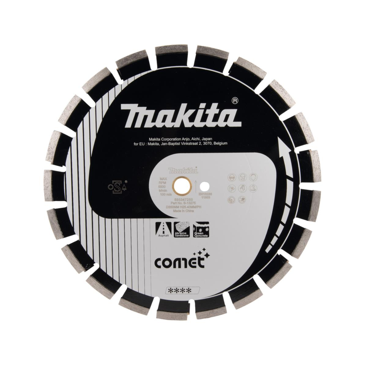 Makita Diamanttrennscheibe mit schwarzen und silbernen Segmenten, Marke Comet.