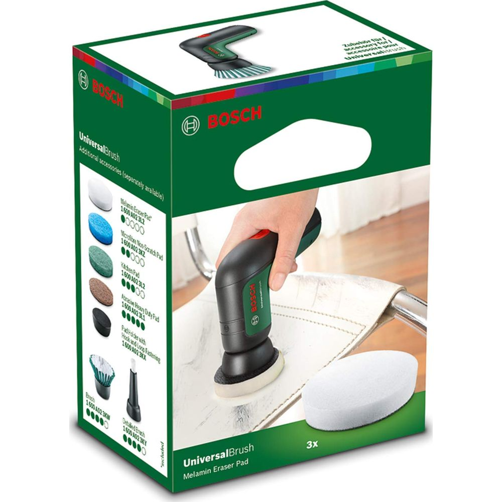 Bosch UniversalBrush Verpackung mit Zubehör und Handgerät im Einsatz.