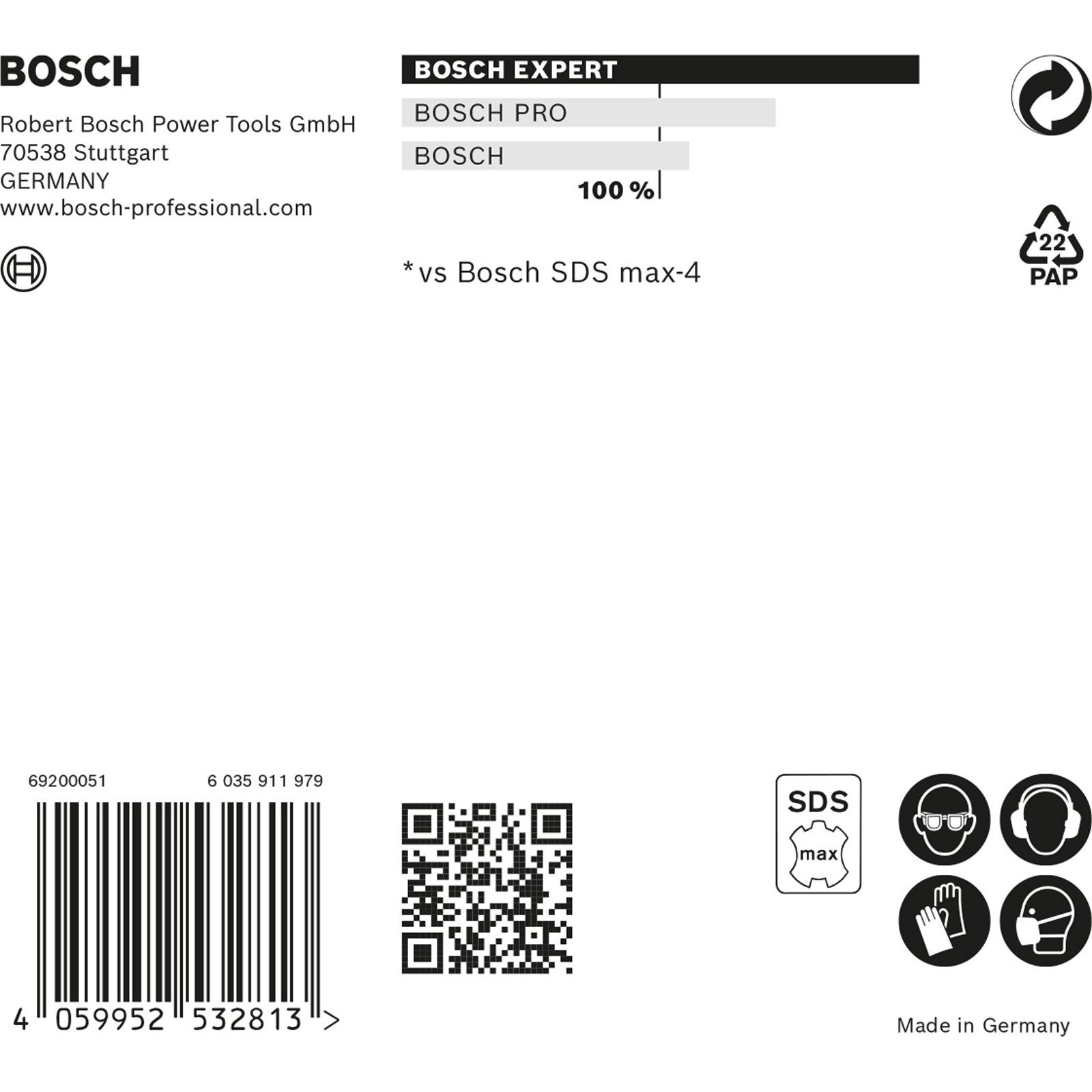 Bosch Logo, Adresse, QR-Code, Barcode, Symbole für Schutzbrille, Kopfhörer, Handschuhe und Maske.