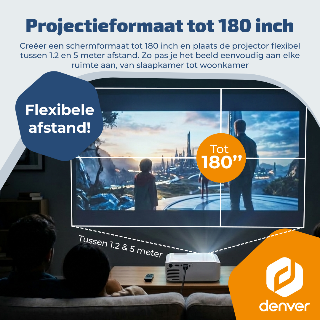 Un projecteur projette une image jusqu'à 180 pouces, flexible de 1,2 à 5 mètres.