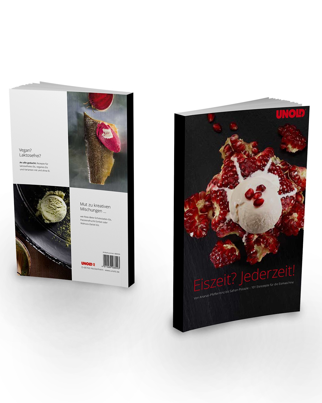Zwei Kochbücher: eins mit Eisrezepten, vegan und laktosefrei, das andere mit Eis.
