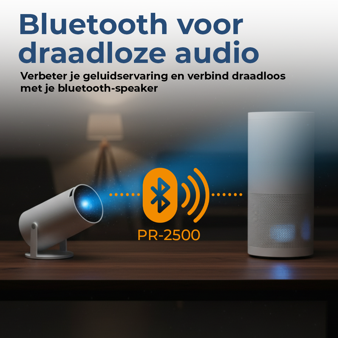 Een witte projector zendt blauwe stralen naar een speaker met Bluetooth-symbool.
