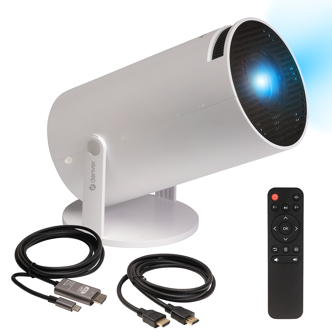 Witte cilindrische projector met blauwe lichtstraal, afstandsbediening en twee kabels.