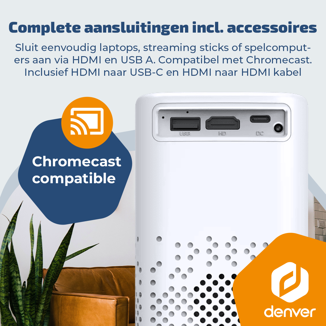 Projecteur blanc avec ports USB, HDMI, DC. Compatible Chromecast. Câbles inclus.