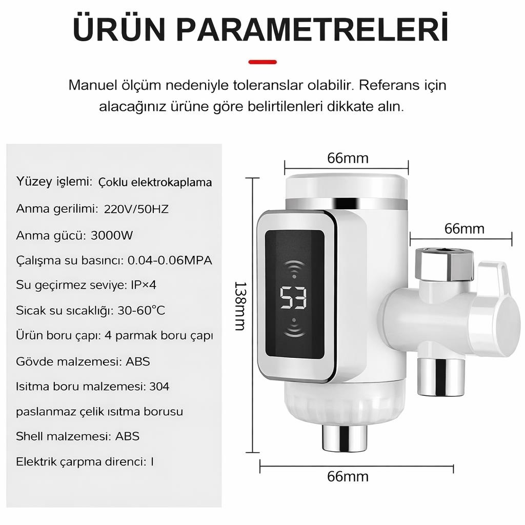 Dijital ekranlı ve boyutlu beyaz anında su ısıtıcı. Özellikler solda listelenmiştir.