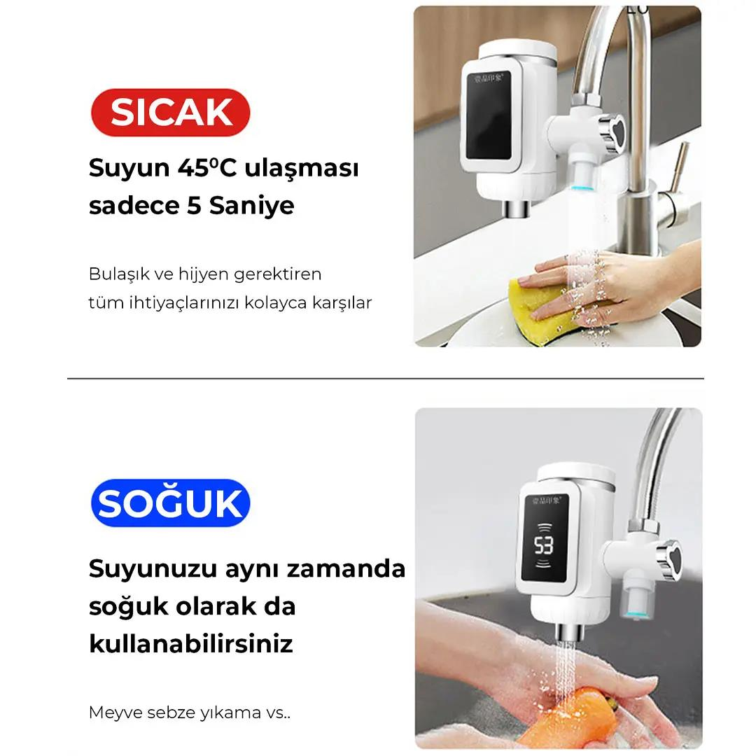 Sıcak ve soğuk su musluğu. Üst: Sıcak suyla bulaşık yıkayan el. Alt: Soğuk suyla yıkanan havuç.