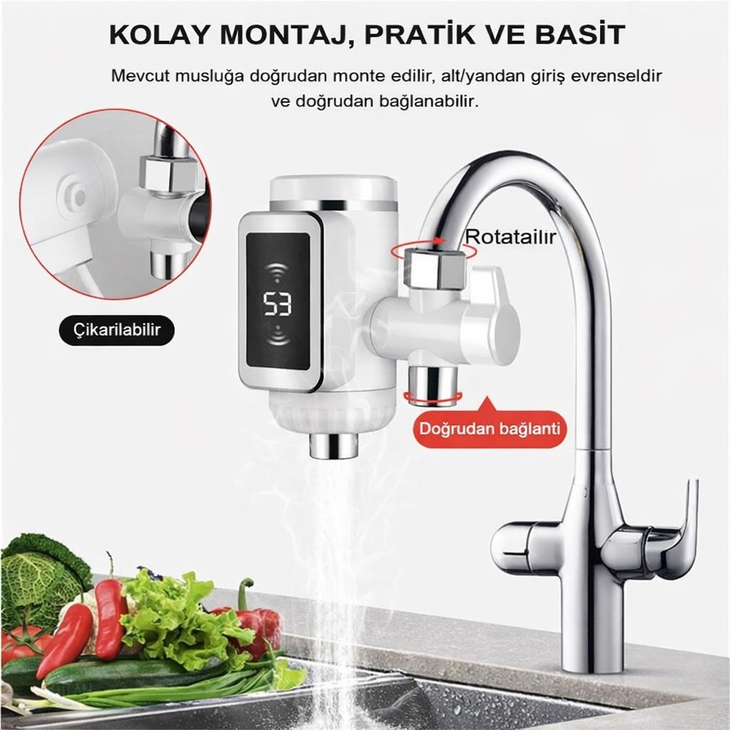 Dijital ekranlı modern musluk, kolay montaj. Sebzeler ön planda.