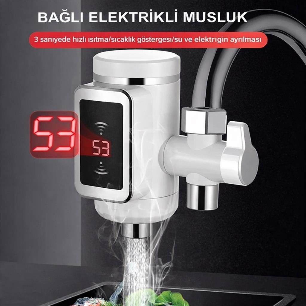 53 derece gösteren dijital ekranlı beyaz elektrikli musluk.