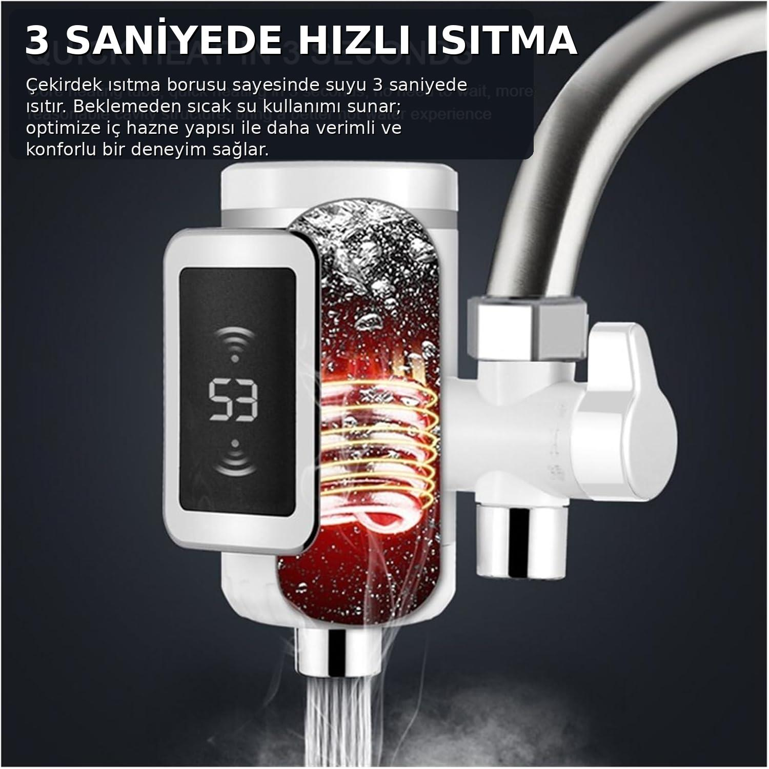 53°C gösteren dijital ekrana sahip beyaz anlık su ısıtıcı.